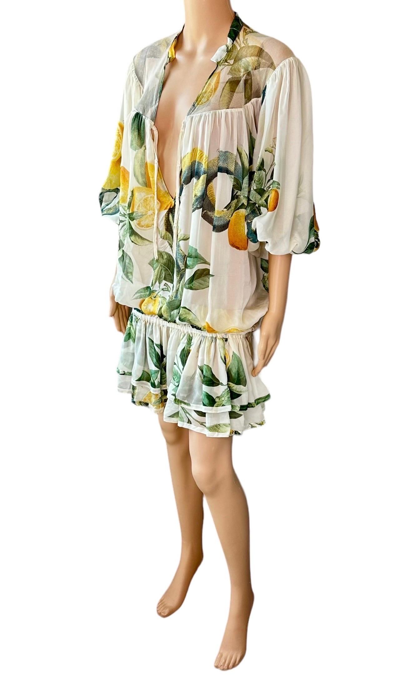 Roberto Cavalli S/S 2005 Runway Lemon Print Plunging Neckline Mini Dress en vente 1