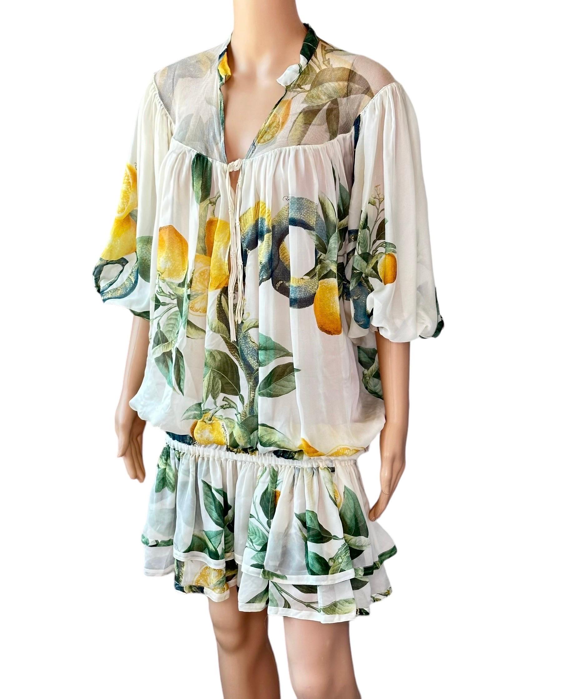 Roberto Cavalli S/S 2005 Runway Lemon Print Plunging Neckline Mini Dress en vente 2