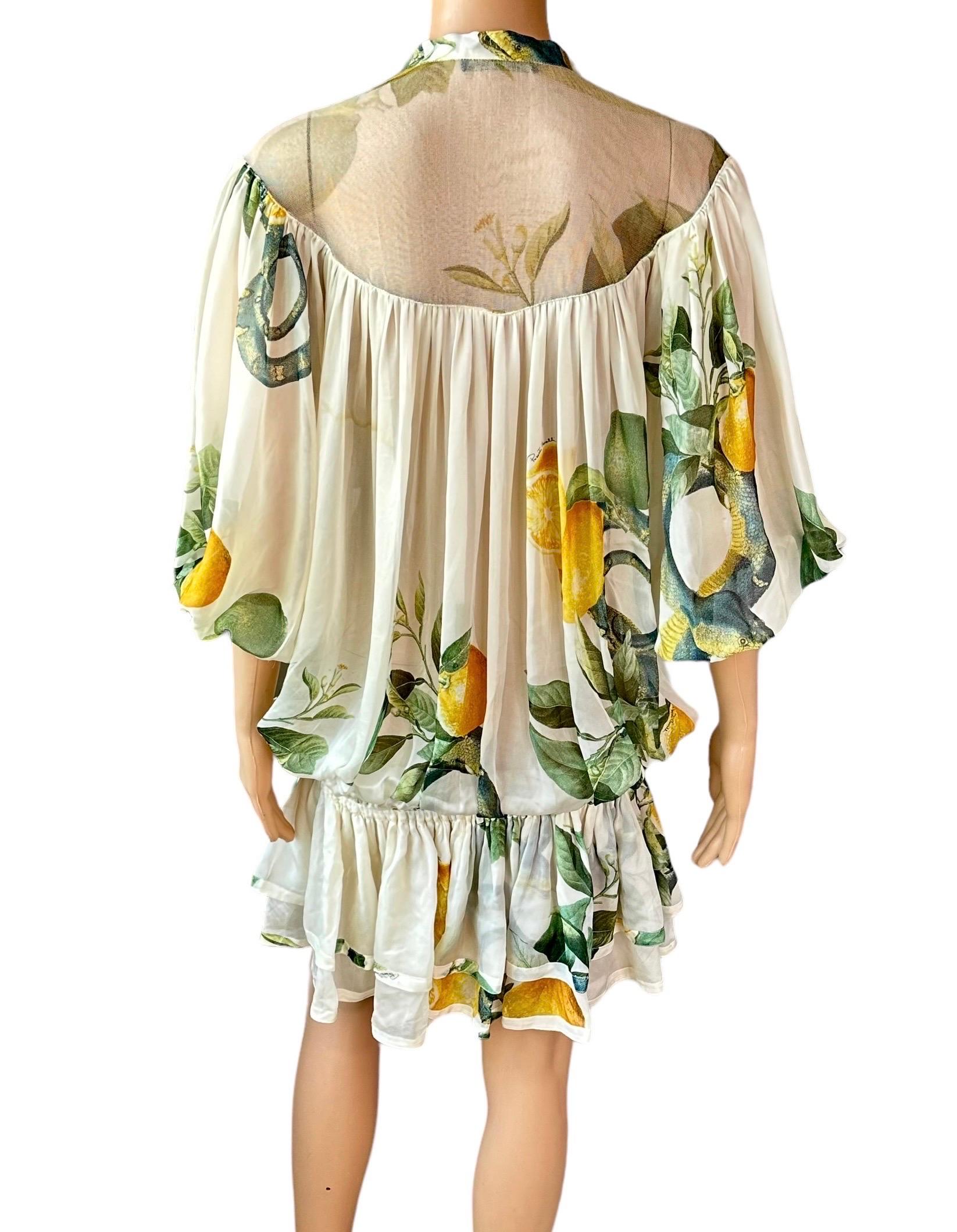 Roberto Cavalli S/S 2005 Runway Lemon Print Plunging Neckline Mini Dress en vente 4
