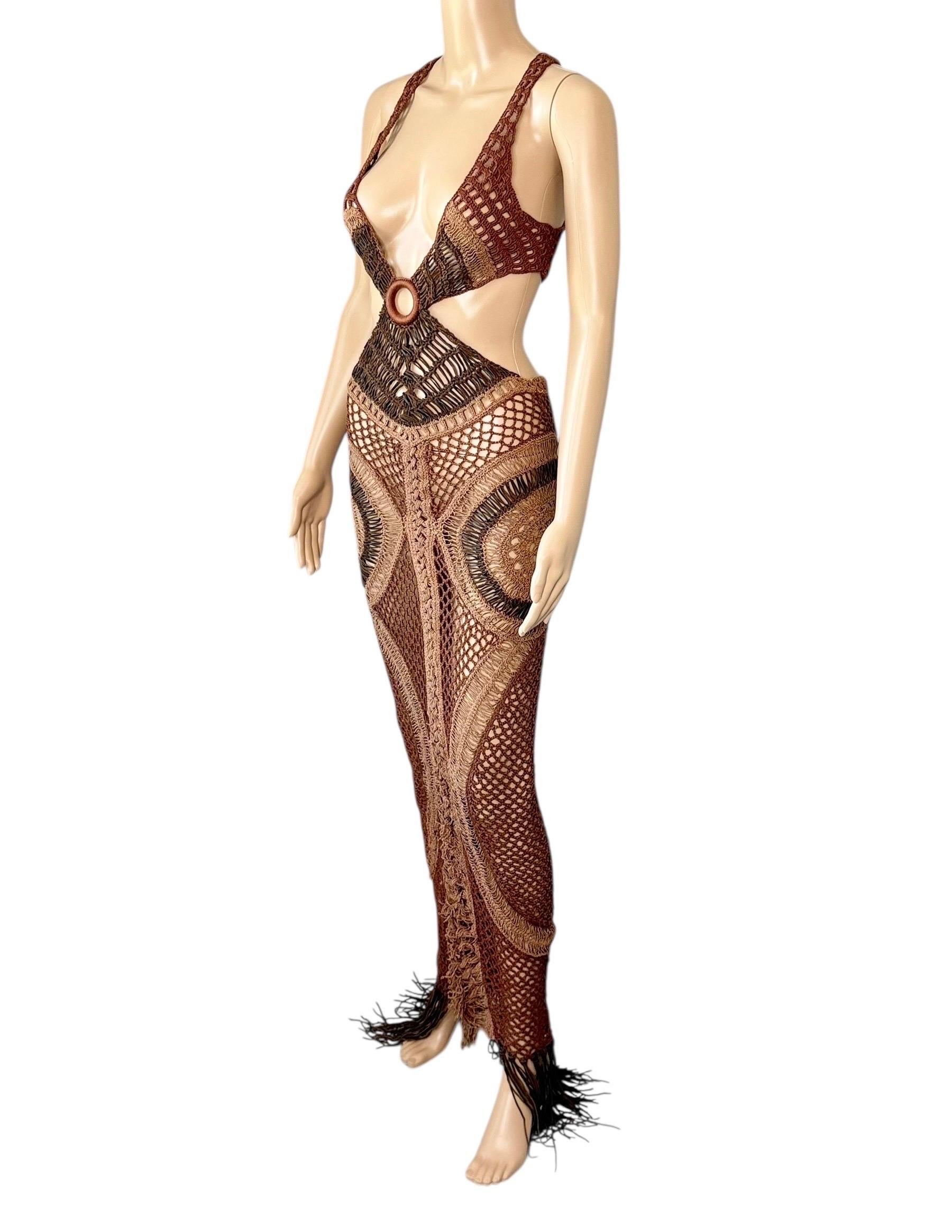 Roberto Cavalli S/S 2005 Laufsteg Durchsichtiger Ausschnitt Leder Makramee Häkel-Strick-Kleid im Angebot 5