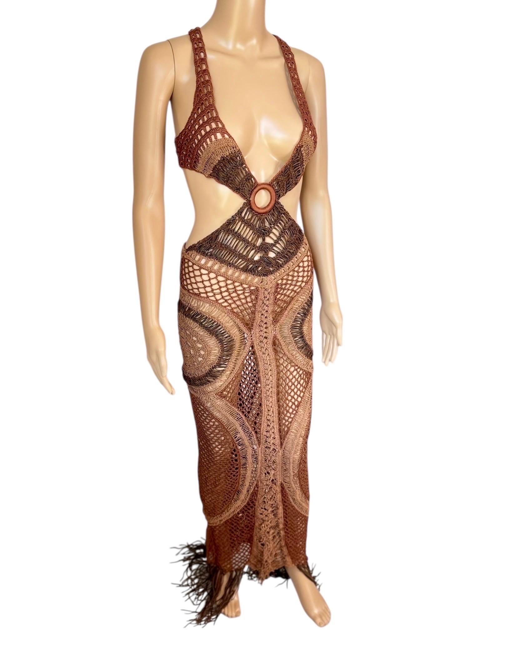 Roberto Cavalli S/S 2005 Laufsteg Durchsichtiger Ausschnitt Leder Makramee Häkel-Strick-Kleid im Angebot 6