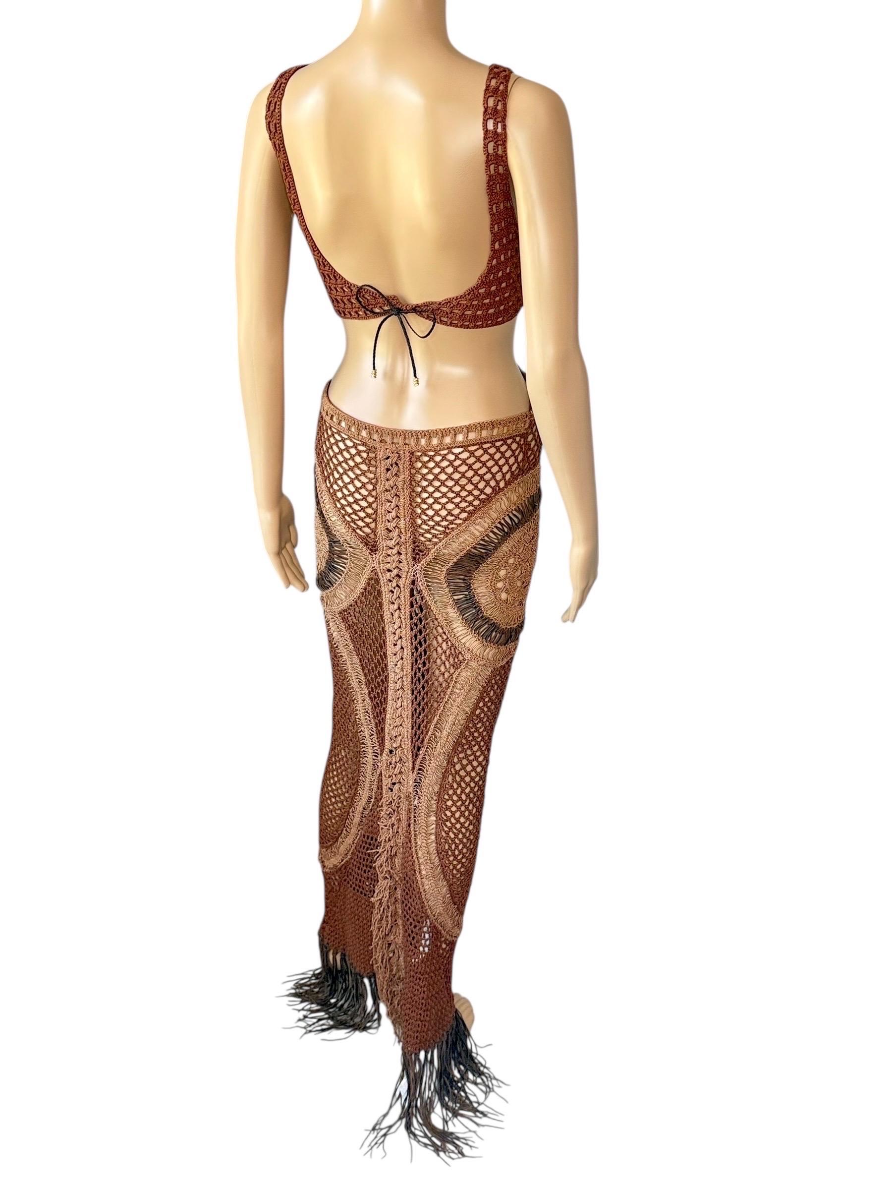 Roberto Cavalli S/S 2005 Laufsteg Durchsichtiger Ausschnitt Leder Makramee Häkel-Strick-Kleid im Angebot 7