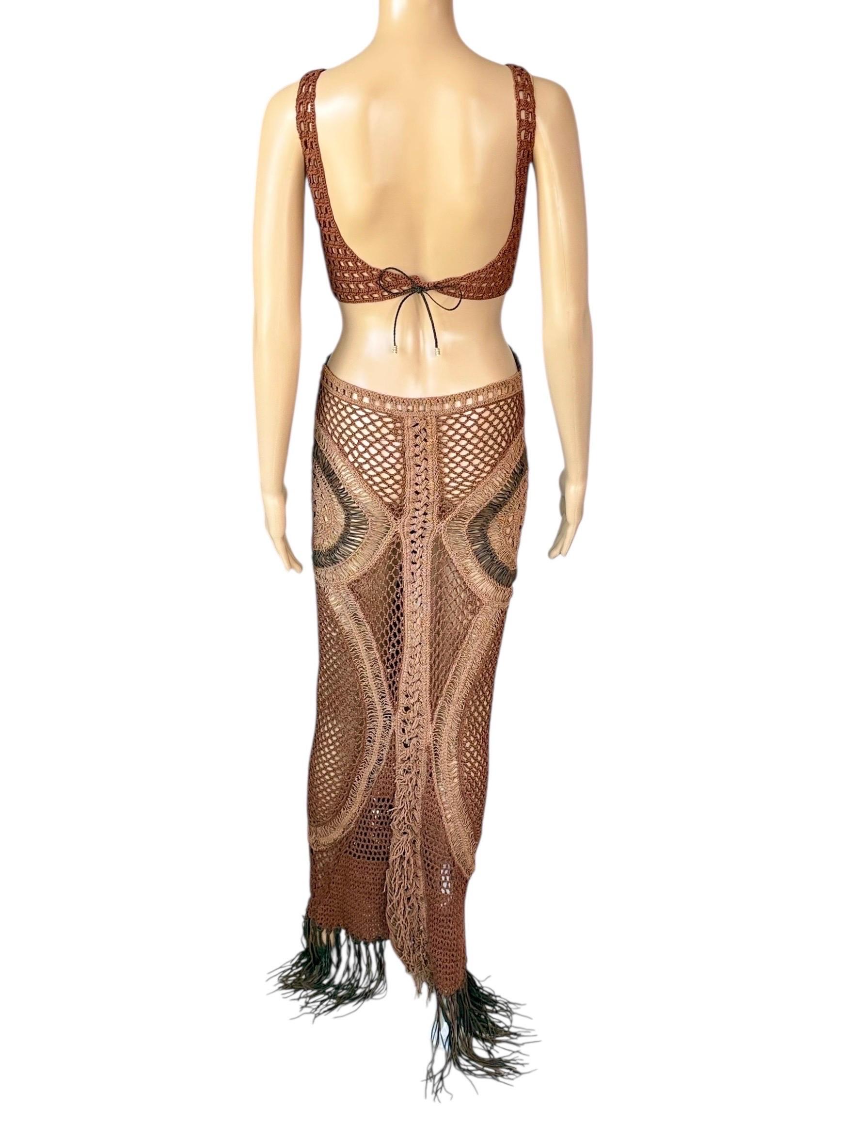 Roberto Cavalli S/S 2005 Laufsteg Durchsichtiger Ausschnitt Leder Makramee Häkel-Strick-Kleid (Beige) im Angebot