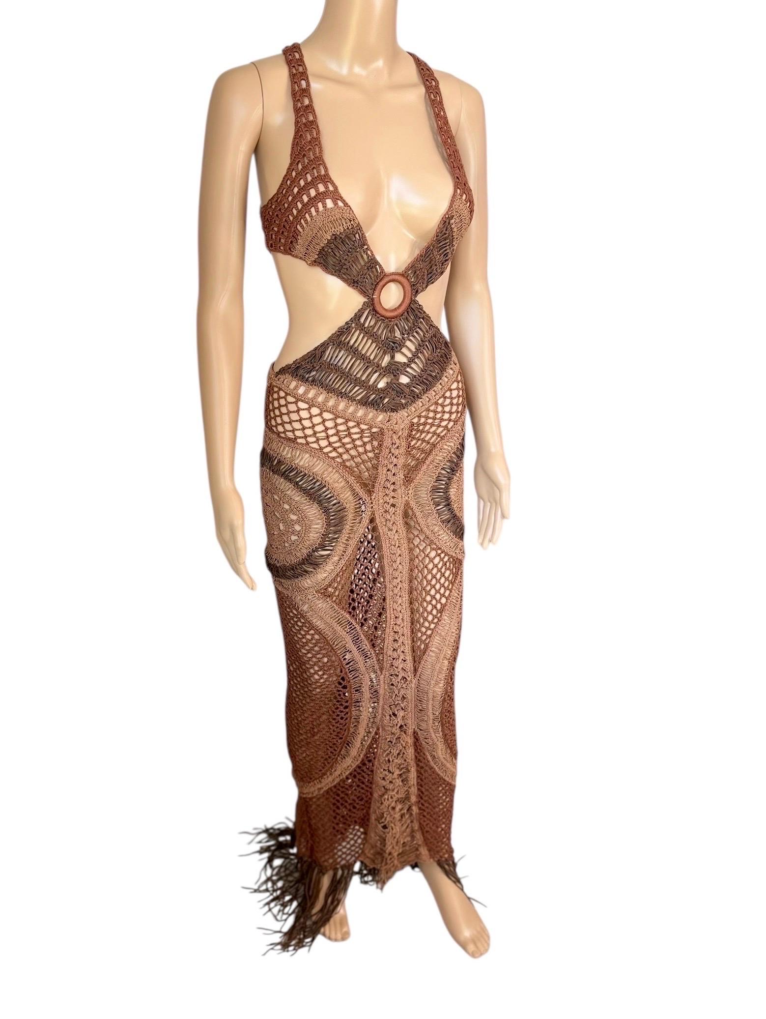 Roberto Cavalli S/S 2005 Laufsteg Durchsichtiger Ausschnitt Leder Makramee Häkel-Strick-Kleid im Zustand „Hervorragend“ im Angebot in Naples, FL