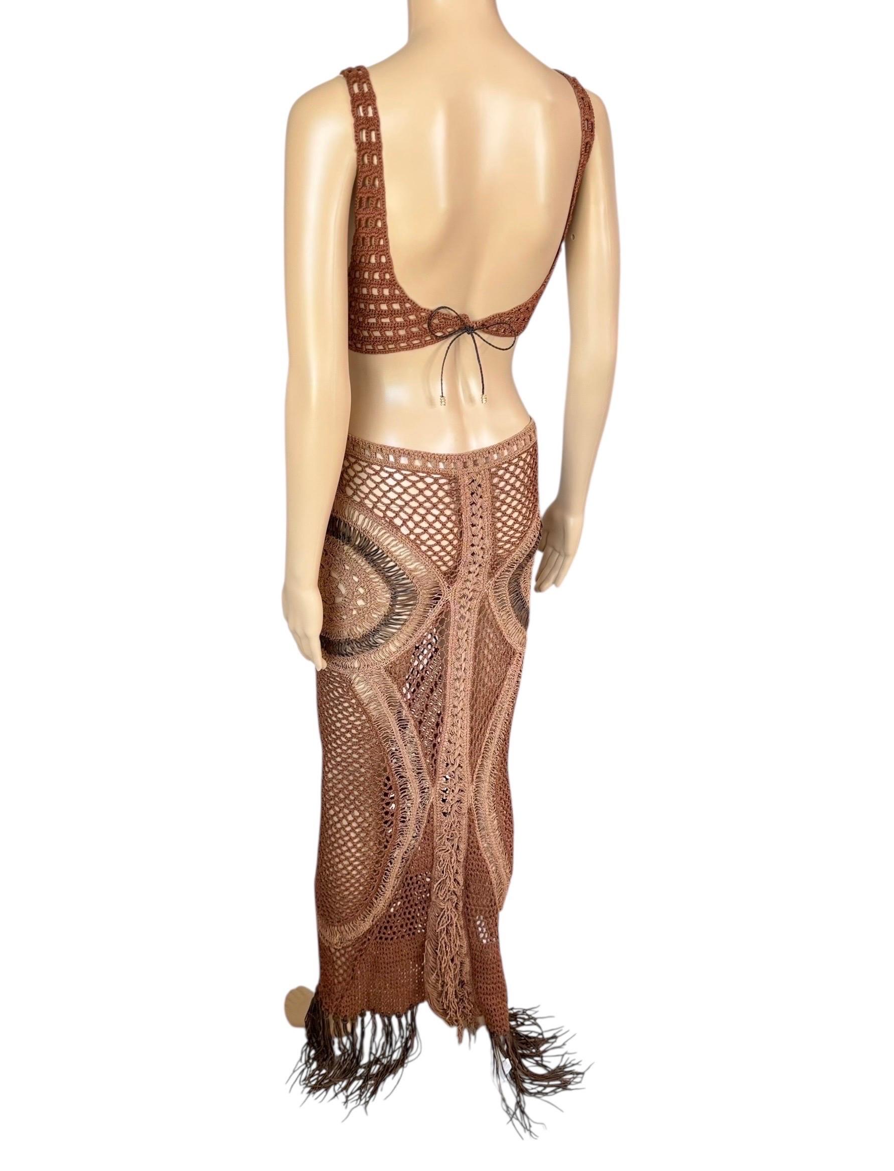 Roberto Cavalli S/S 2005 Laufsteg Durchsichtiger Ausschnitt Leder Makramee Häkel-Strick-Kleid im Angebot 2