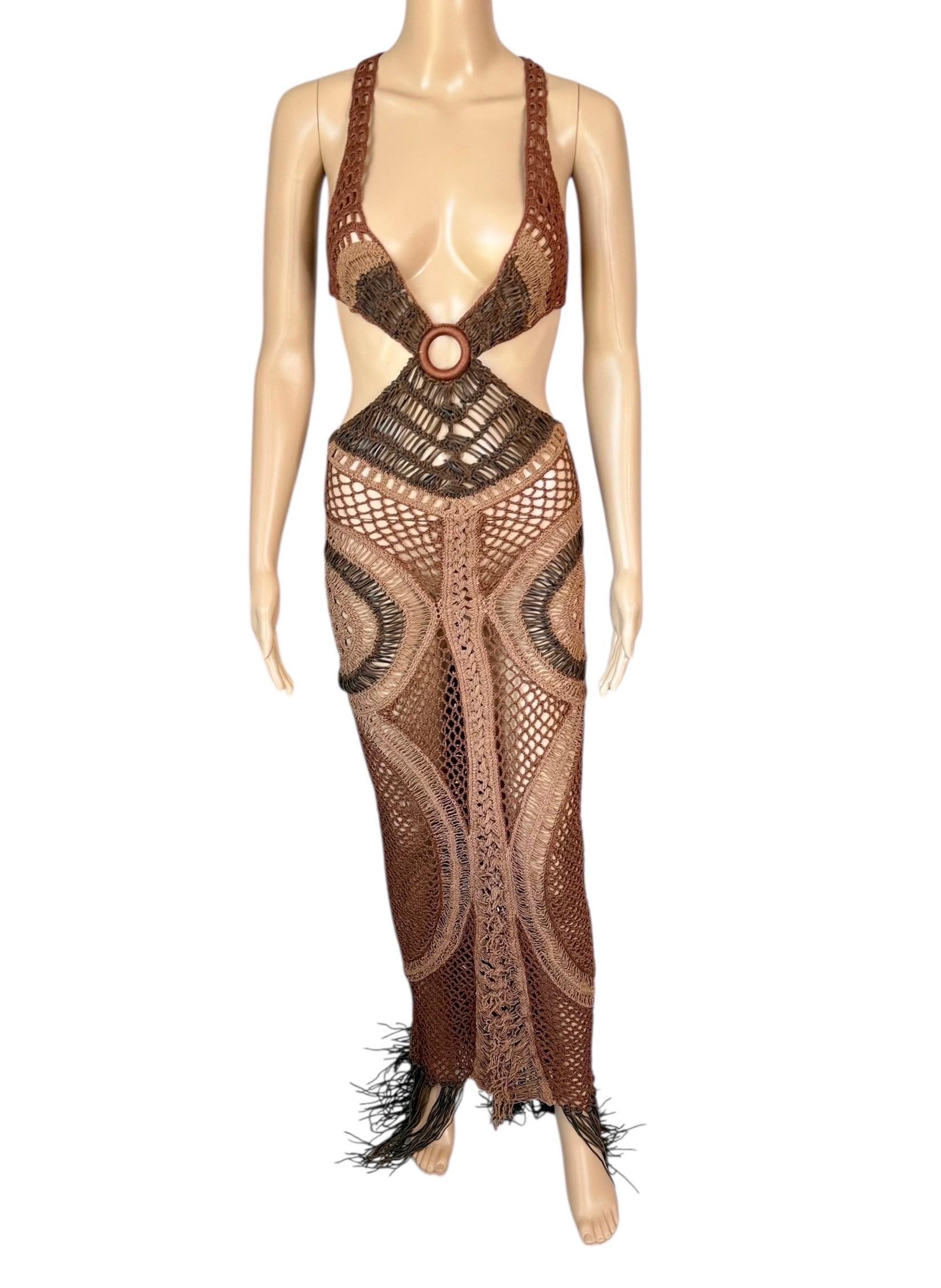 Roberto Cavalli S/S 2005 Laufsteg Durchsichtiger Ausschnitt Leder Makramee Häkel-Strick-Kleid im Angebot 3