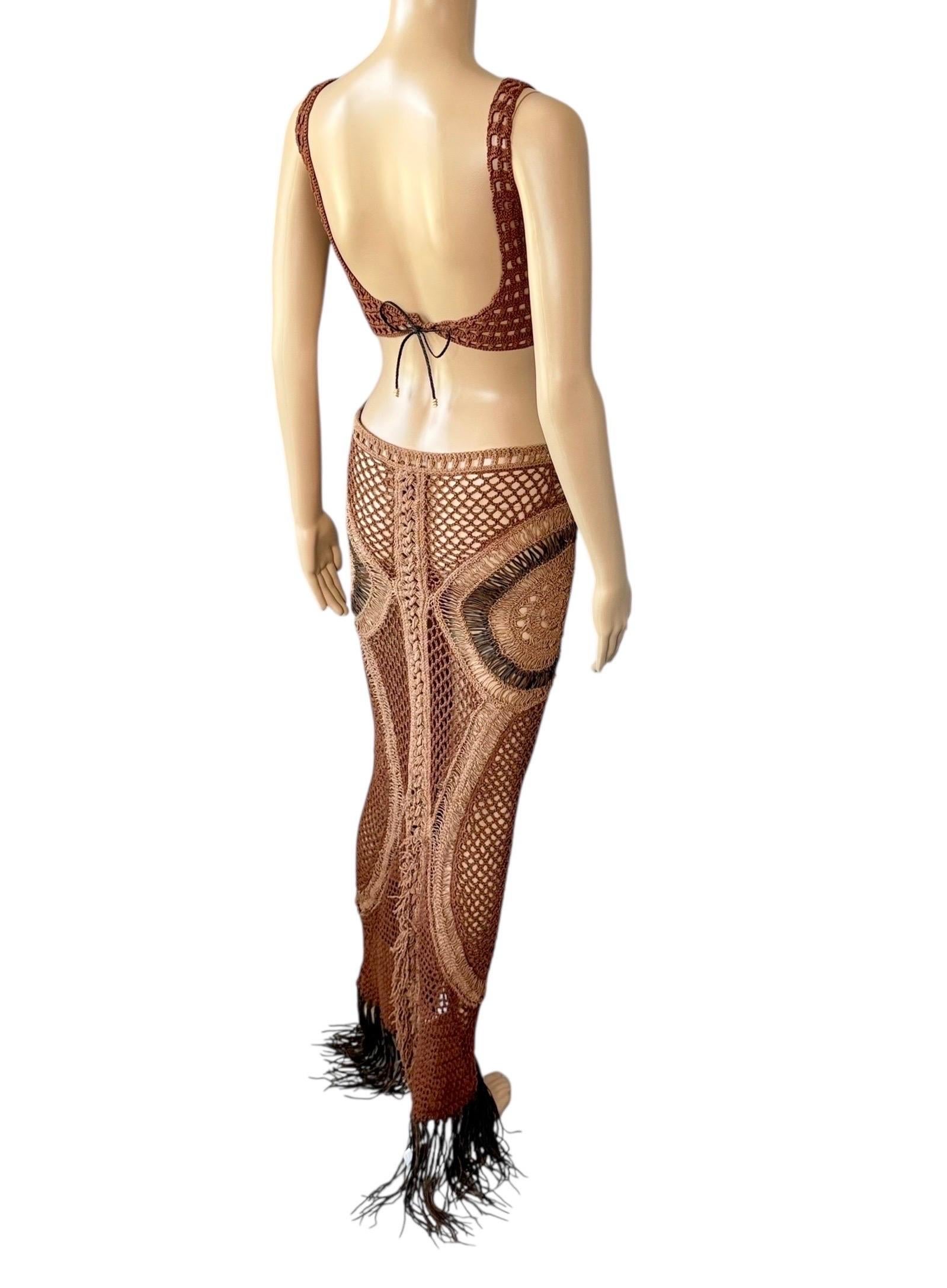 Roberto Cavalli S/S 2005 Laufsteg Durchsichtiger Ausschnitt Leder Makramee Häkel-Strick-Kleid im Angebot 4