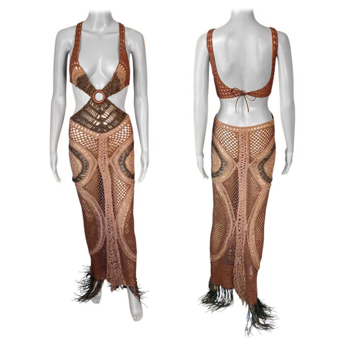 Roberto Cavalli S/S 2005 Runway Sheer Cutout Leather Macrame Crochet Knit Robe