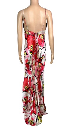 Roberto Cavalli S/S 2005 Silk Floral Print Slip Evening Dress & Wrap 2 Piece Set