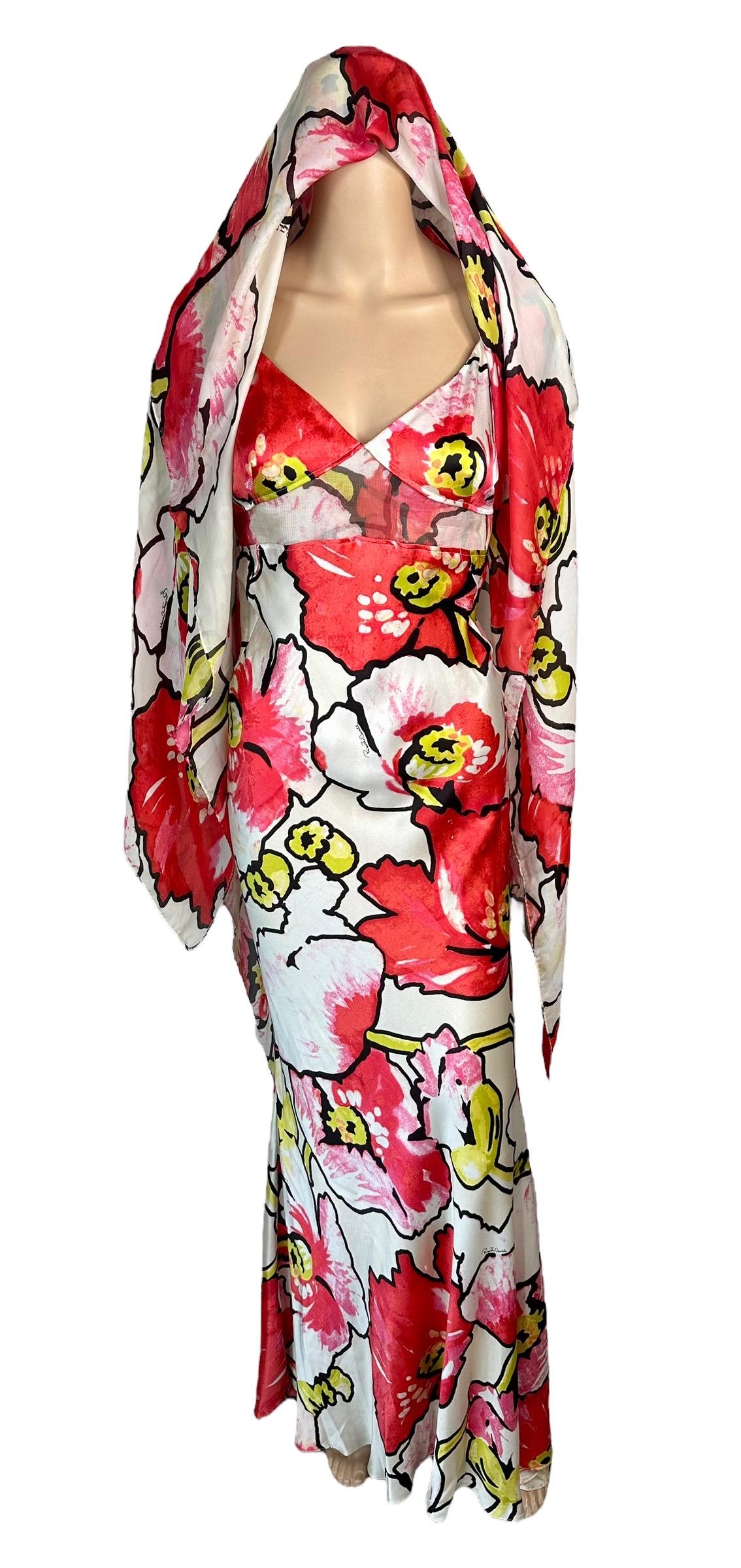Beige Roberto Cavalli S/S 2005 Silk Floral Print Slip Evening Dress & Wrap 2 Piece Set For Sale