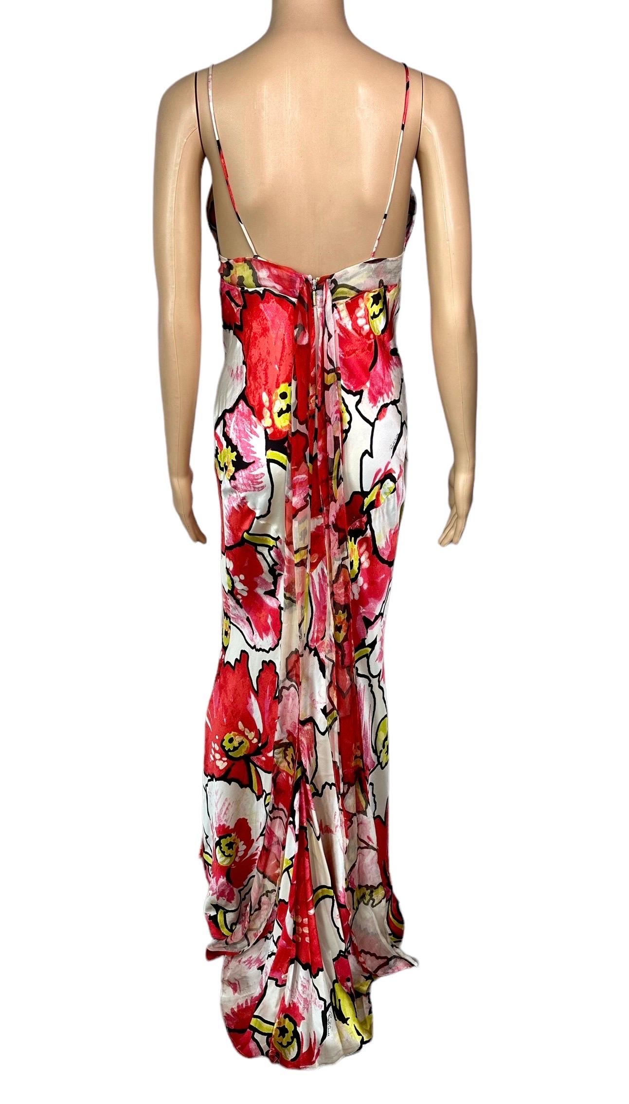 Women's Roberto Cavalli S/S 2005 Silk Floral Print Slip Evening Dress & Wrap 2 Piece Set For Sale