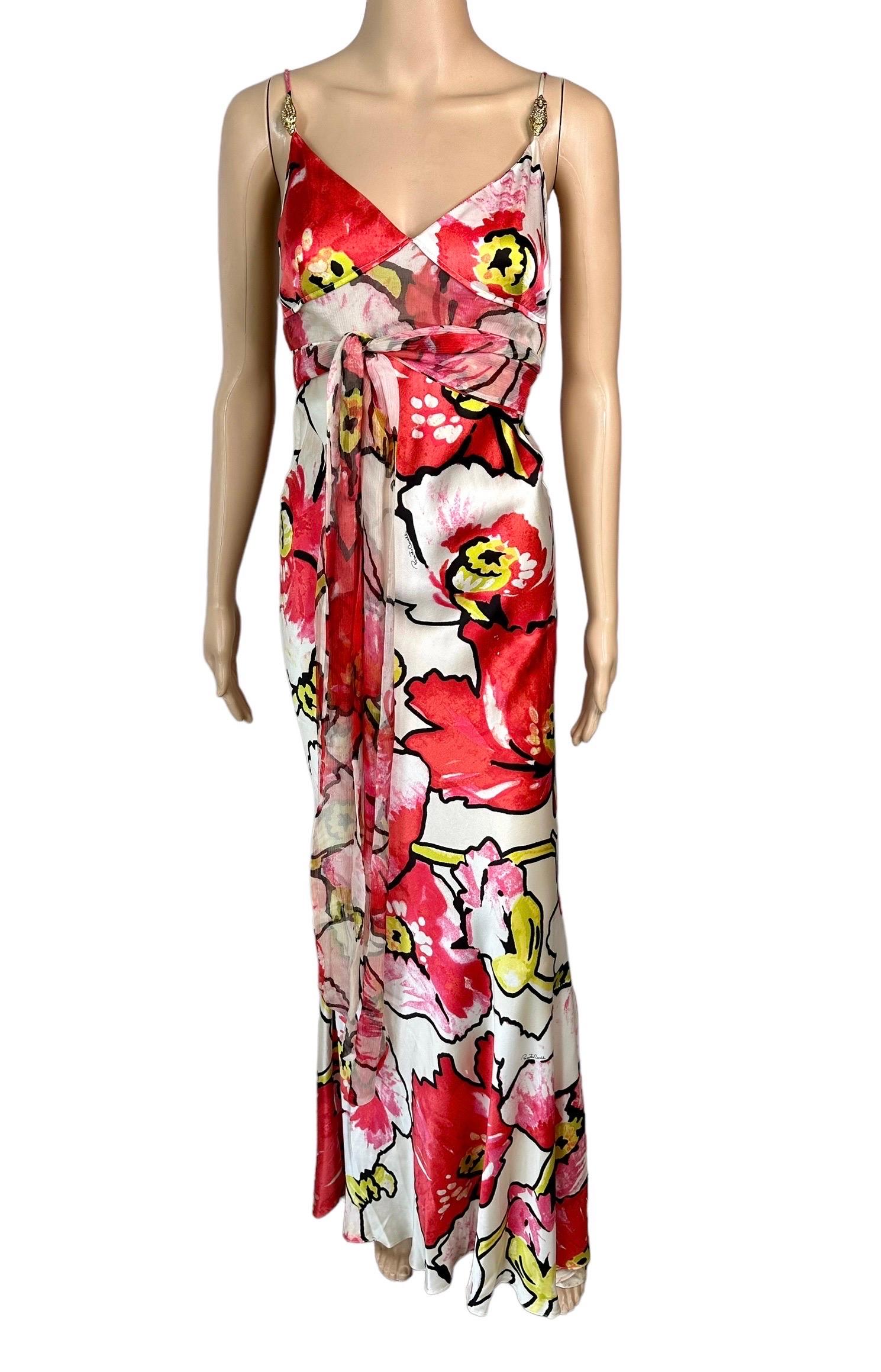 Roberto Cavalli S/S 2005 Silk Floral Print Slip Evening Dress & Wrap 2 Piece Set For Sale 1