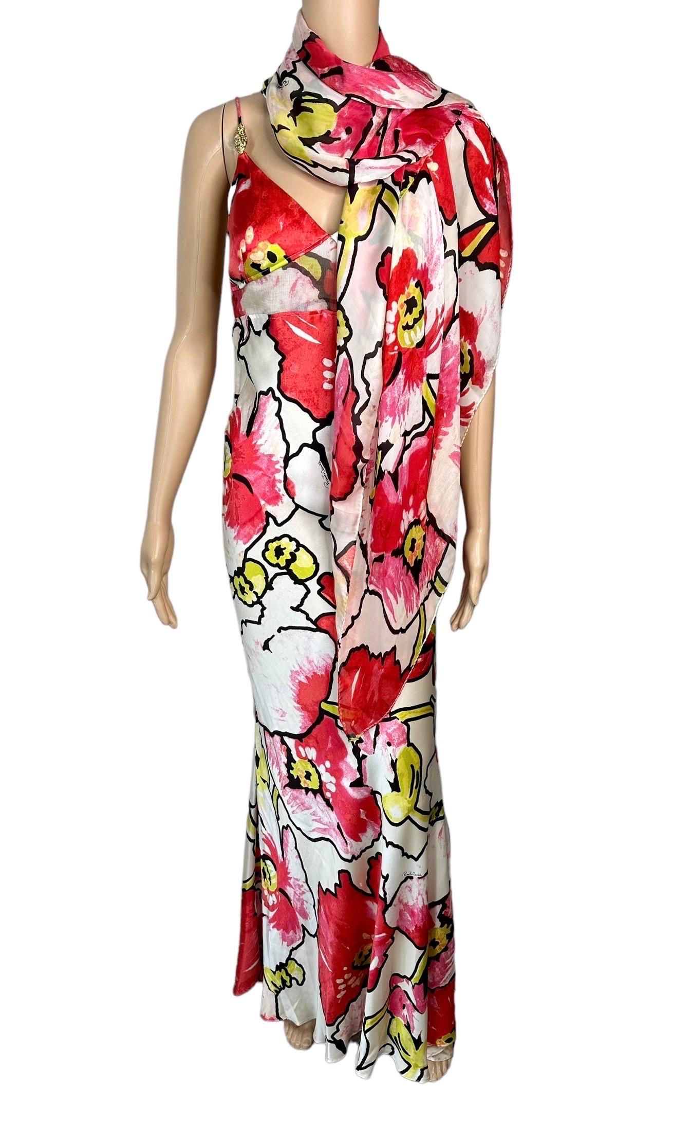 Roberto Cavalli S/S 2005 Silk Floral Print Slip Evening Dress & Wrap 2 Piece Set For Sale 2