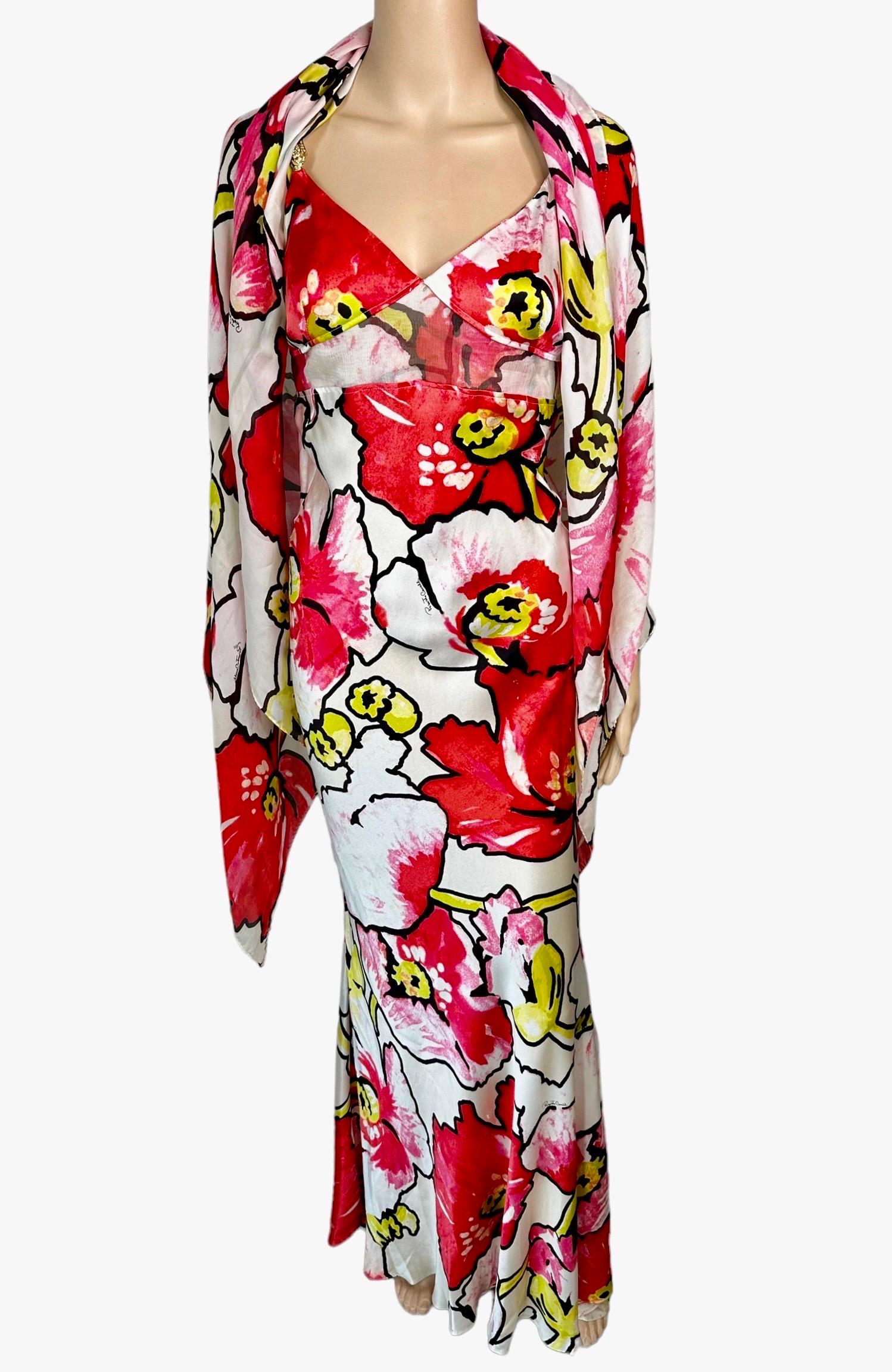 Roberto Cavalli S/S 2005 Silk Floral Print Slip Evening Dress & Wrap 2 Piece Set For Sale 4