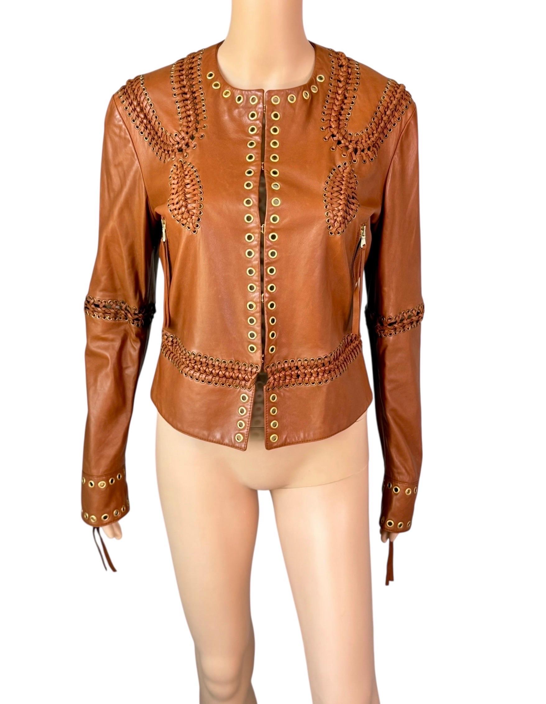 Roberto Cavalli - Giacca in pelle marrone intrecciata e borchiata - P/E 2005 in vendita 5