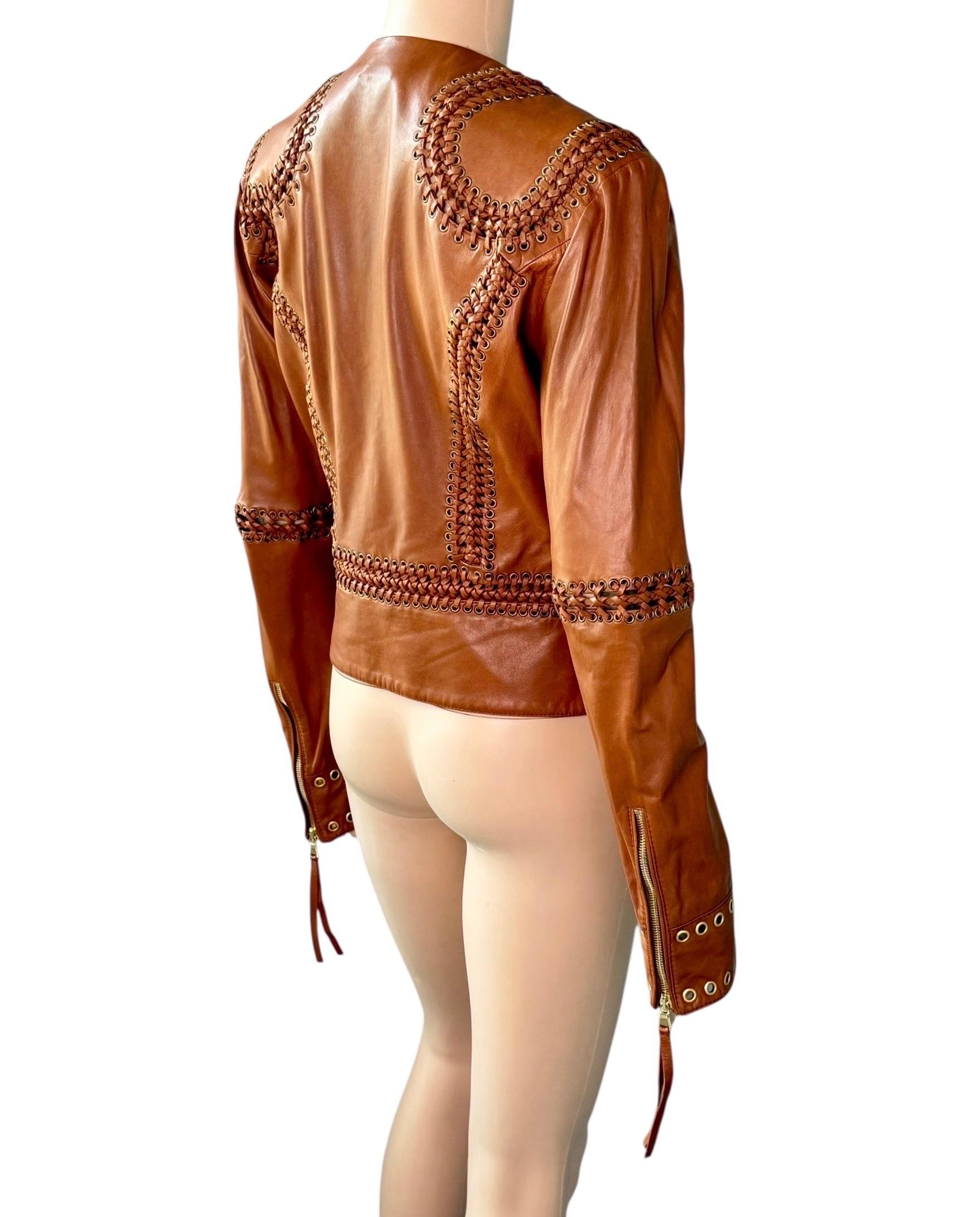 Roberto Cavalli - Giacca in pelle marrone intrecciata e borchiata - P/E 2005 in vendita 6