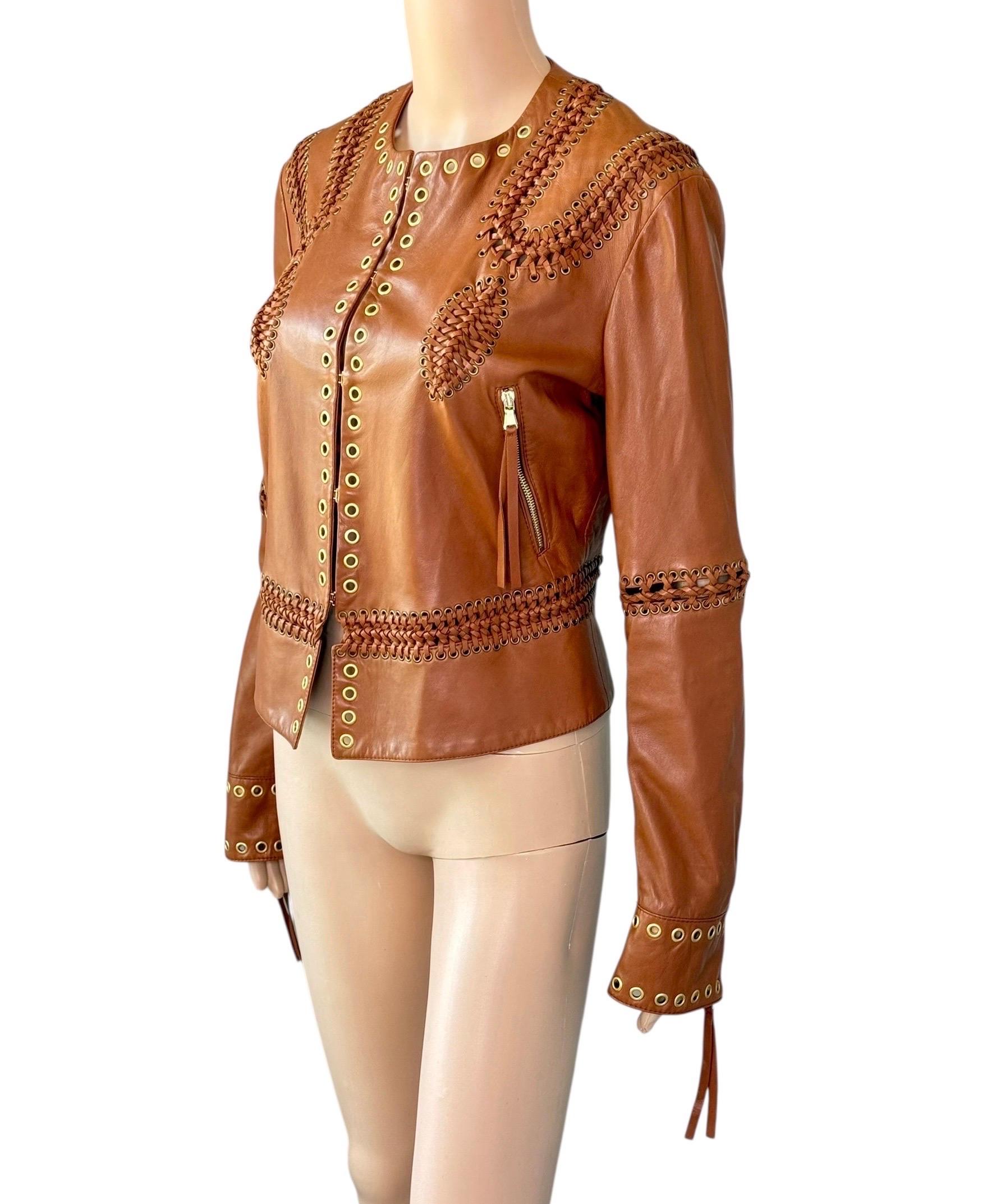 Roberto Cavalli - Giacca in pelle marrone intrecciata e borchiata - P/E 2005 in vendita 7