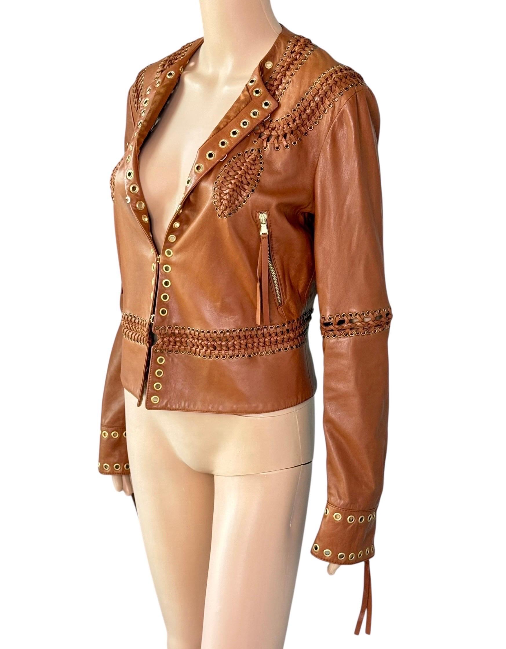 Roberto Cavalli - Giacca in pelle marrone intrecciata e borchiata - P/E 2005 in vendita 8