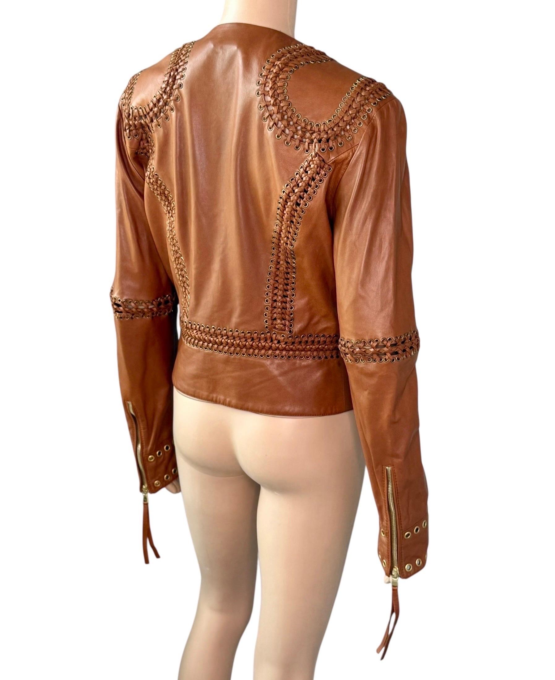 Roberto Cavalli - Giacca in pelle marrone intrecciata e borchiata - P/E 2005 in vendita 9