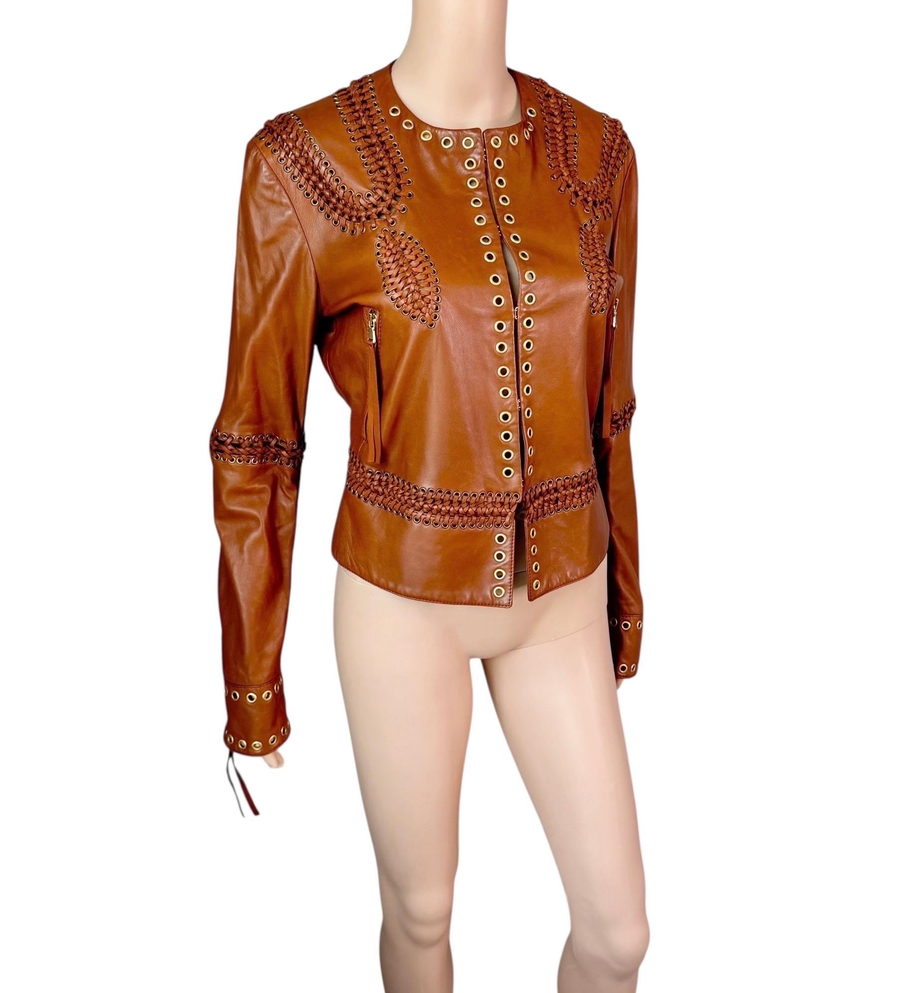 Roberto Cavalli - Giacca in pelle marrone intrecciata e borchiata - P/E 2005 in vendita 10