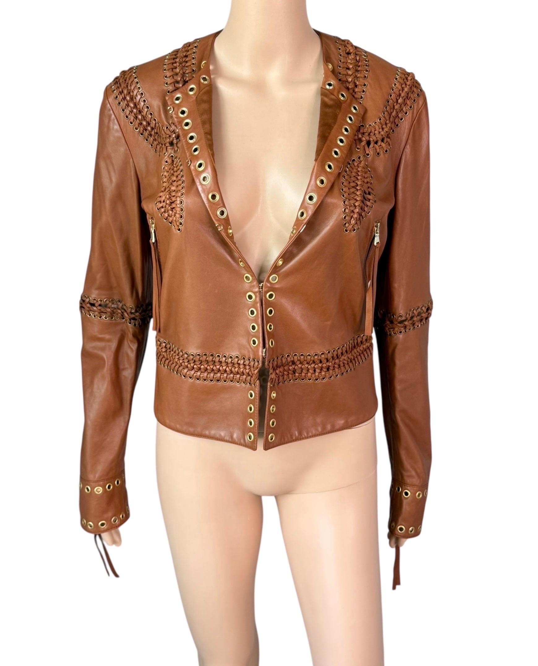 Roberto Cavalli - Giacca in pelle marrone intrecciata e borchiata - P/E 2005 In condizioni ottime in vendita a Naples, FL