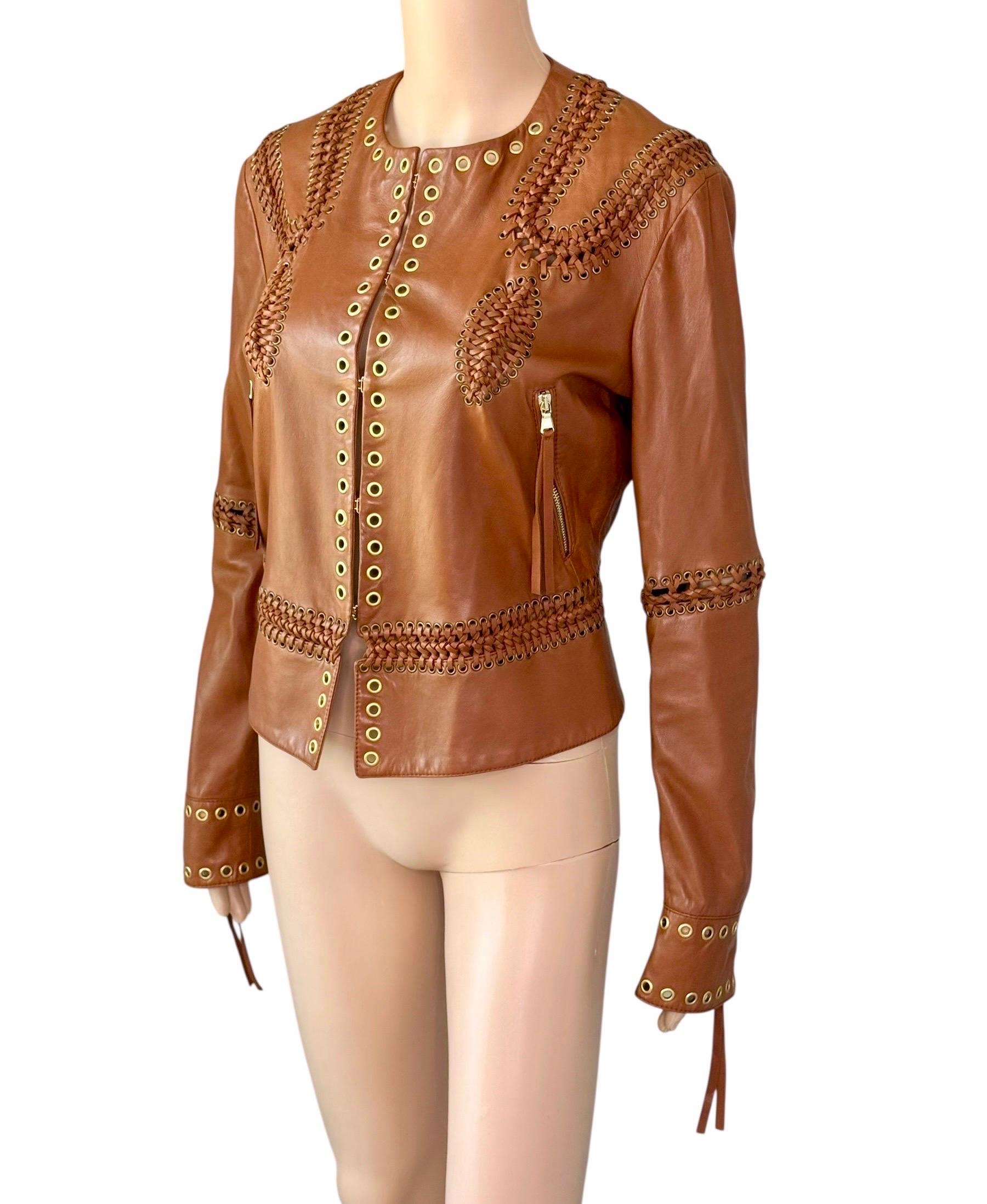 Donna Roberto Cavalli - Giacca in pelle marrone intrecciata e borchiata - P/E 2005 in vendita