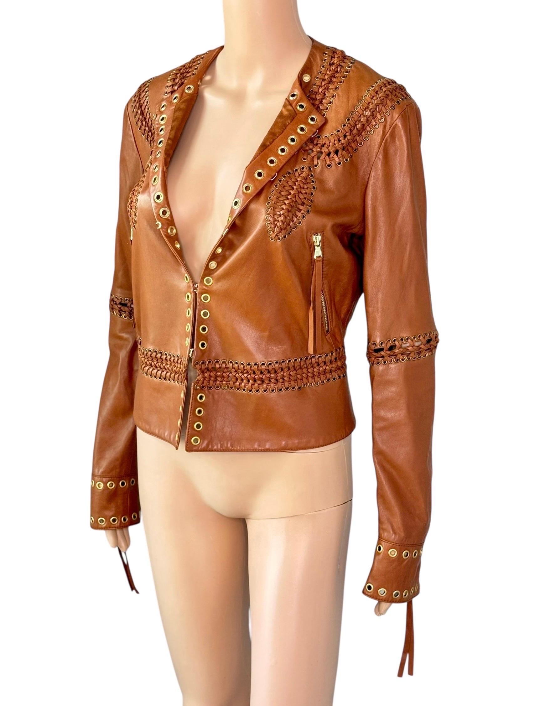 Roberto Cavalli - Giacca in pelle marrone intrecciata e borchiata - P/E 2005 in vendita 1