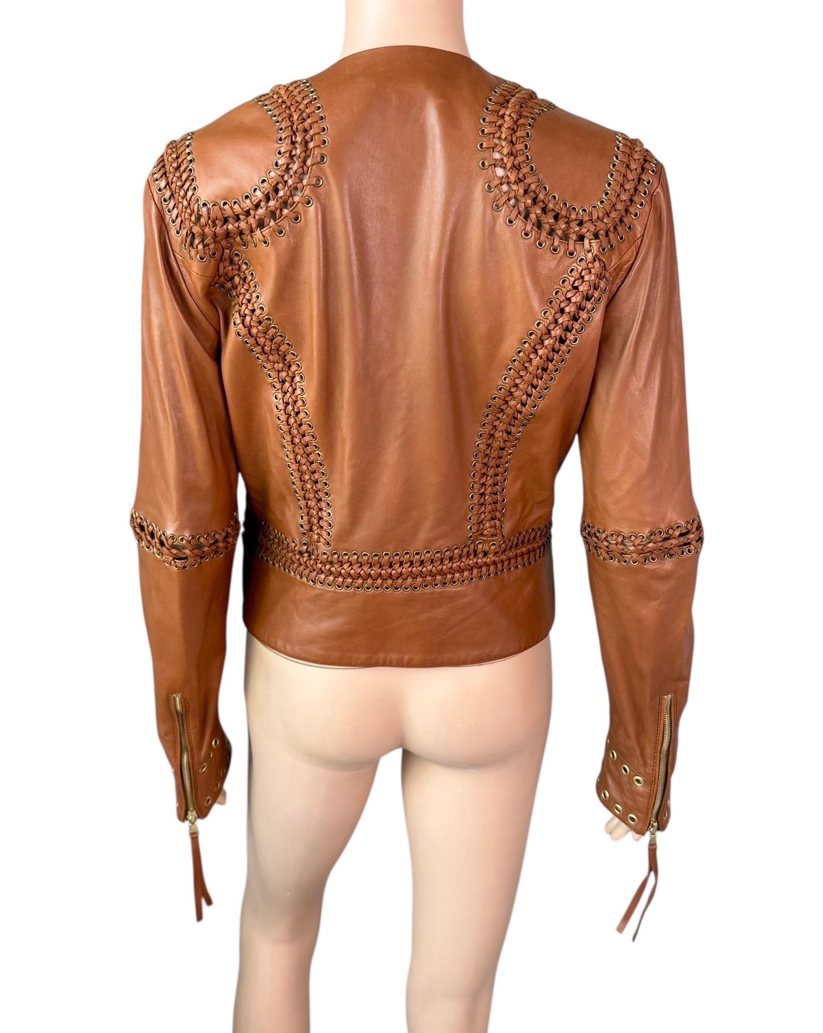 Roberto Cavalli - Giacca in pelle marrone intrecciata e borchiata - P/E 2005 in vendita 3