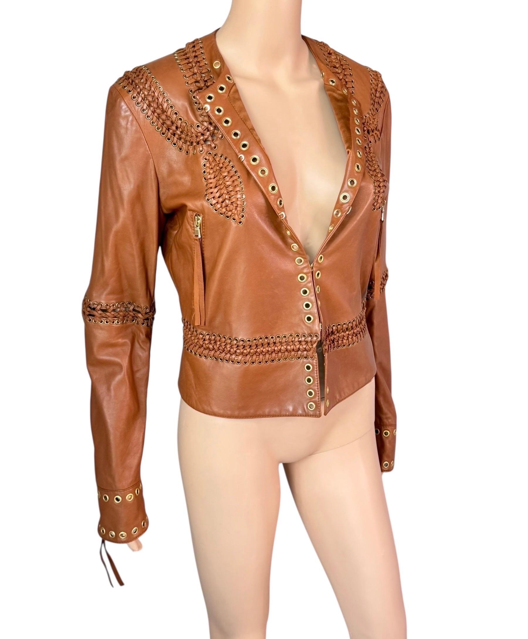 Roberto Cavalli - Giacca in pelle marrone intrecciata e borchiata - P/E 2005 in vendita 4