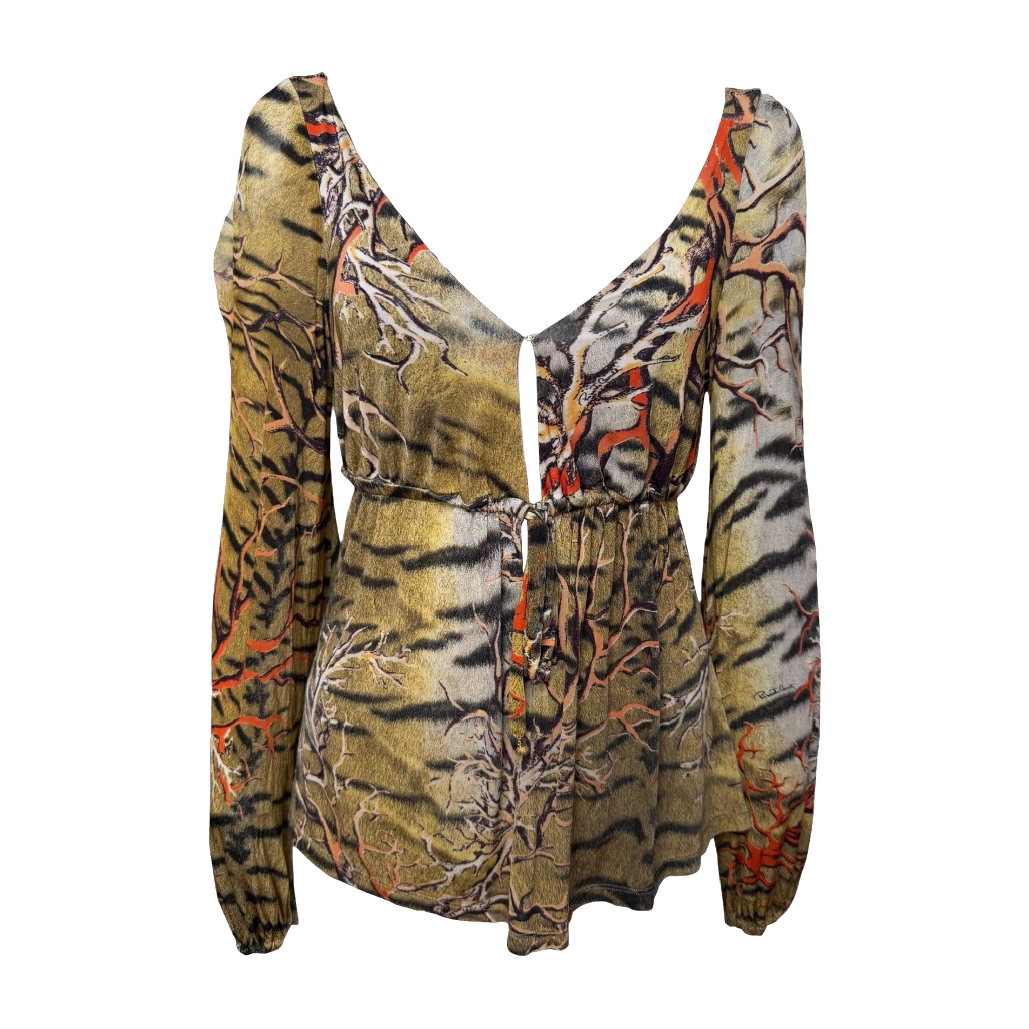 Roberto Cavalli S/S 2005 Tiger And Coral Branch Print Long-Sleeve Blouse