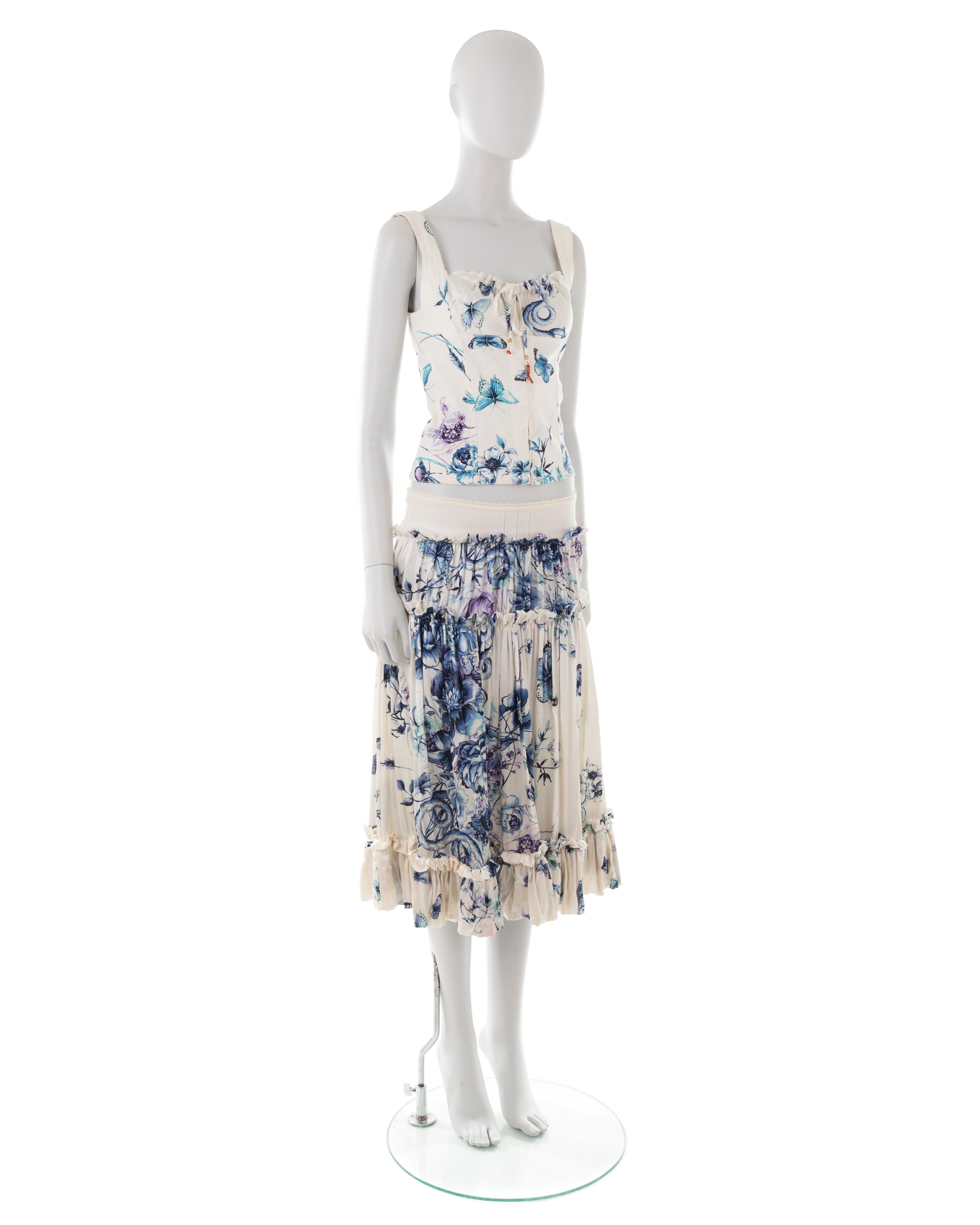 Gray Roberto Cavalli S/S 2005 white butterfly print silk corset and skirt set For Sale