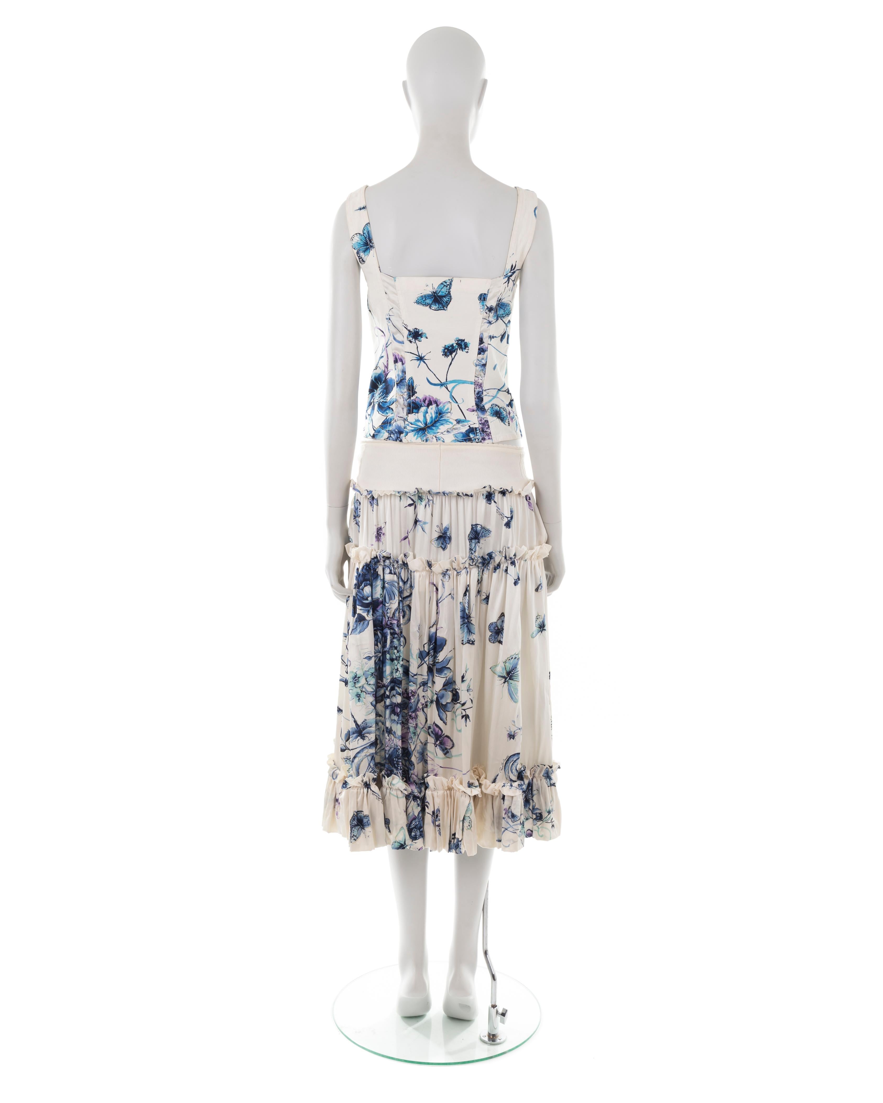 Roberto Cavalli S/S 2005 white butterfly print silk corset and skirt set In Excellent Condition For Sale In Rome, IT