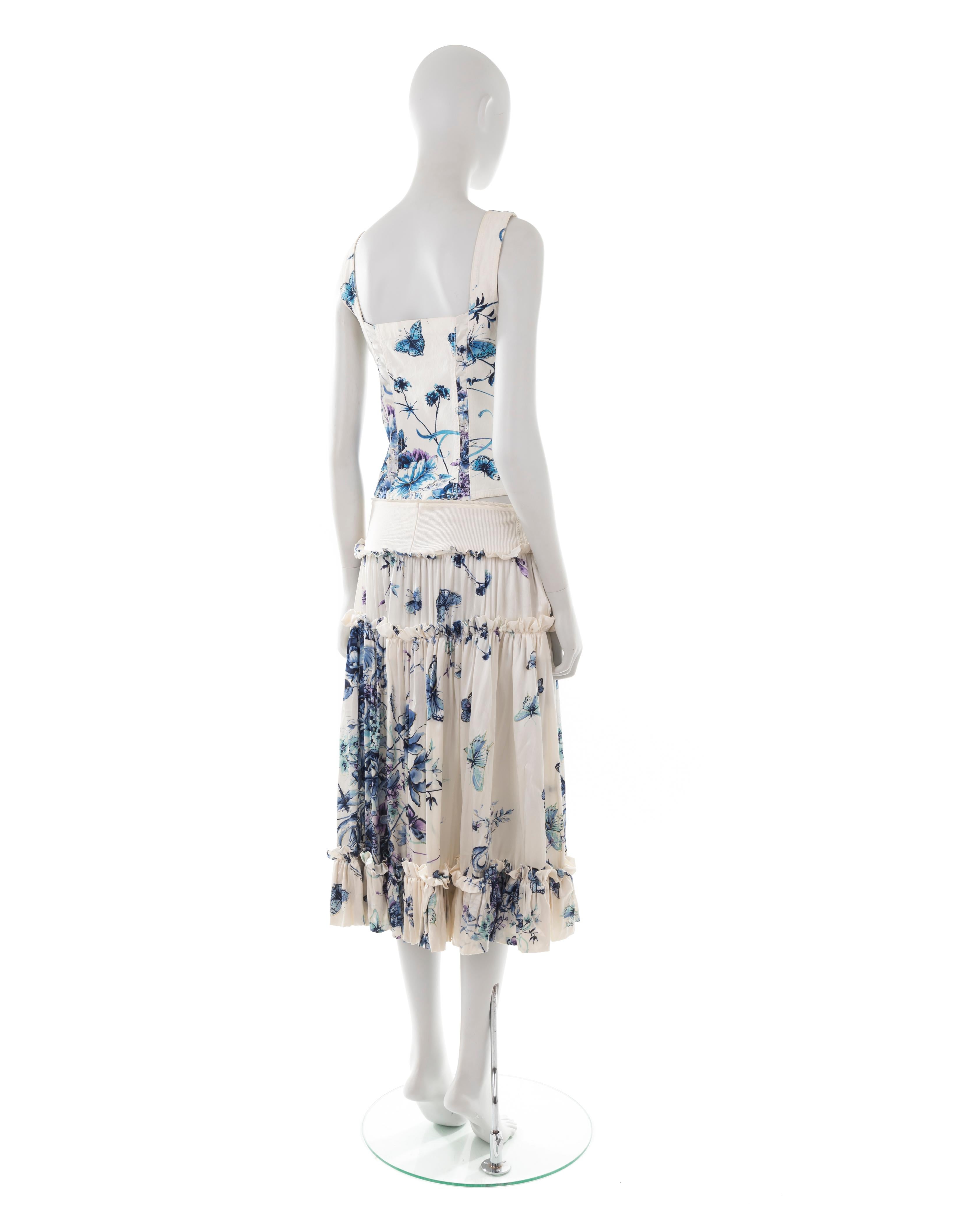Women's Roberto Cavalli S/S 2005 white butterfly print silk corset and skirt set For Sale