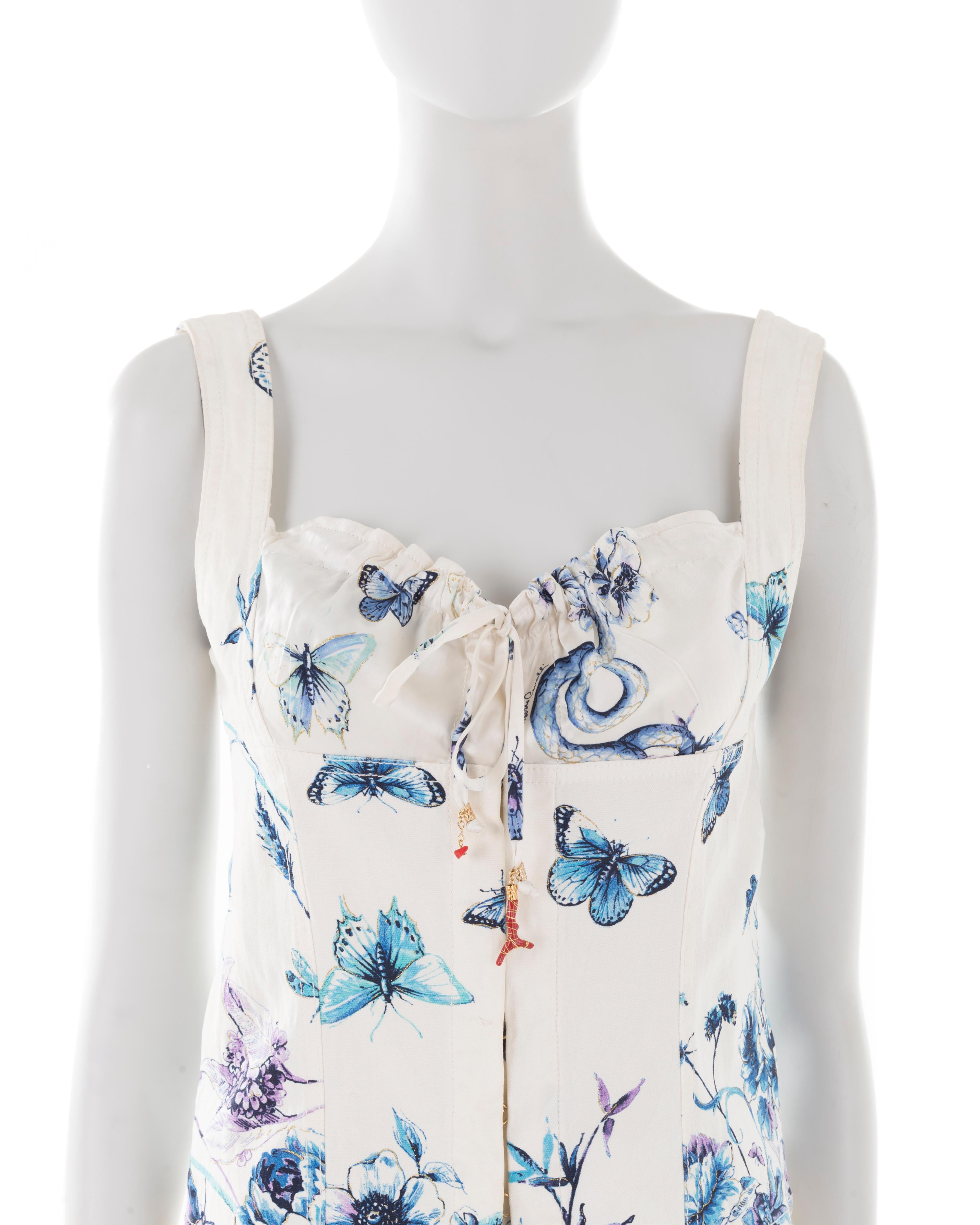 Roberto Cavalli S/S 2005 white butterfly print silk corset and skirt set For Sale 1