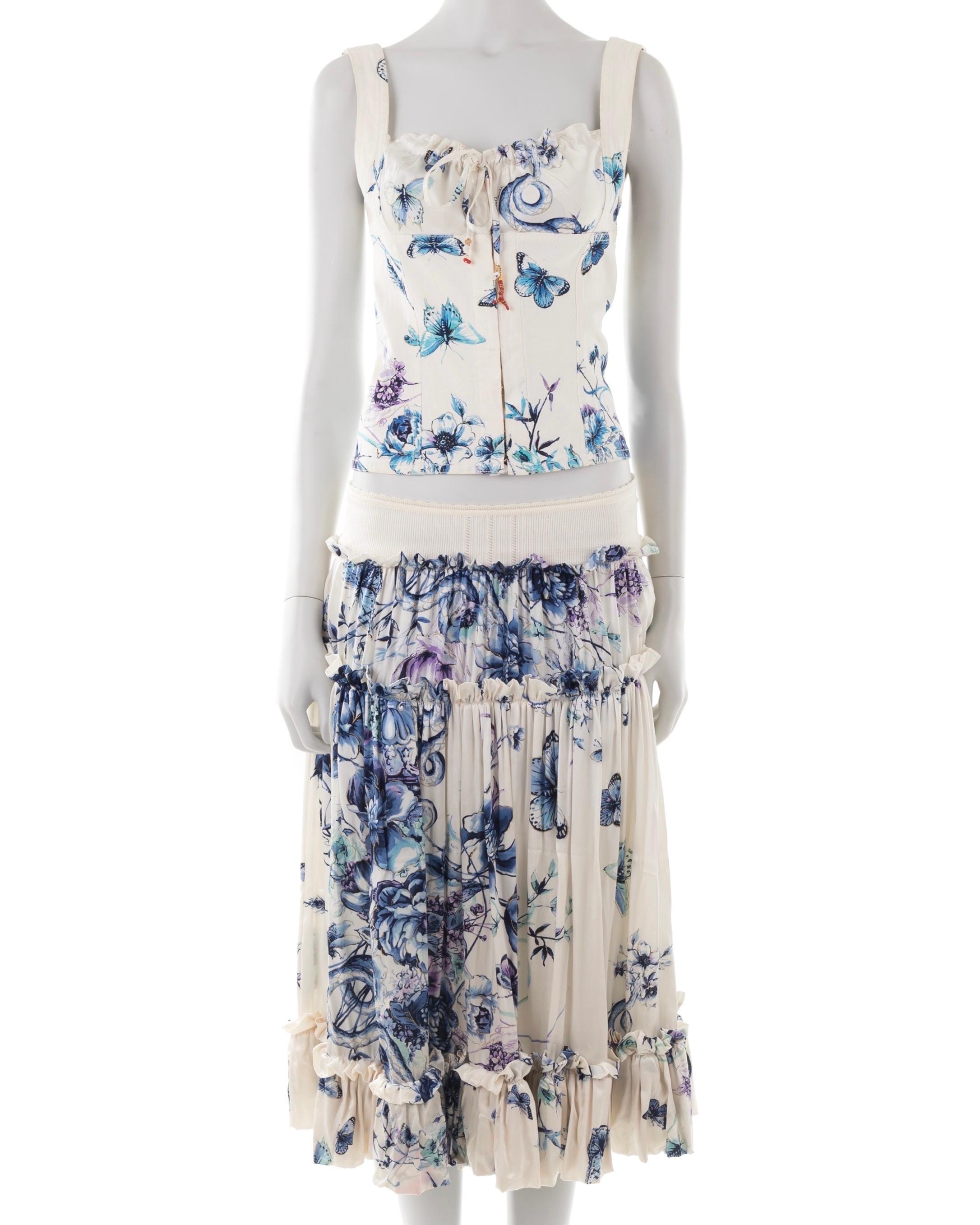 Roberto Cavalli S/S 2005 white butterfly print silk corset and skirt set For Sale