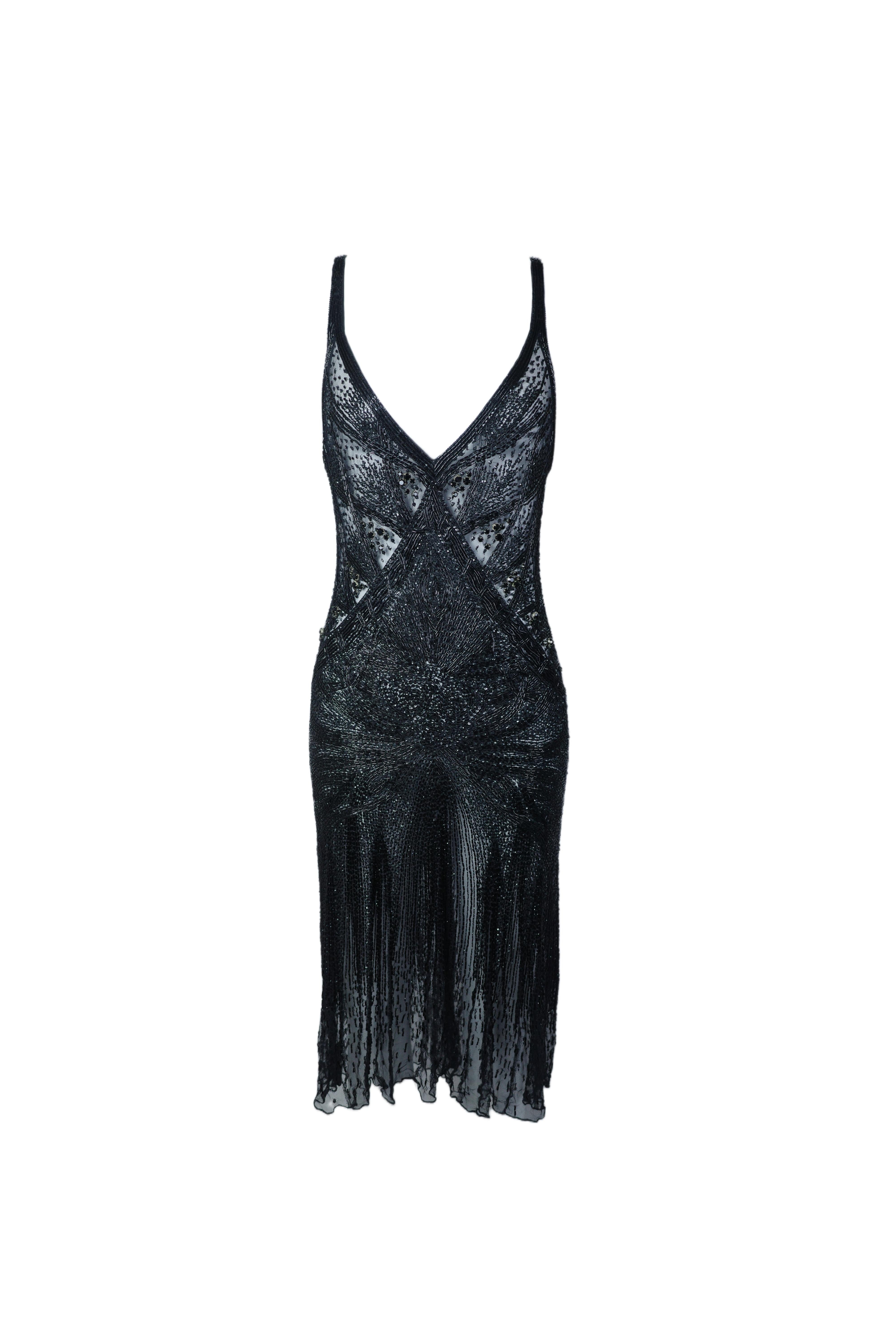This elegant black dress (Tagged prod. 2006) features a sleeveless, body-hugging silhouette with a deep scoop neckline.

All measurements taken laid flat

- Bust: 17.8 