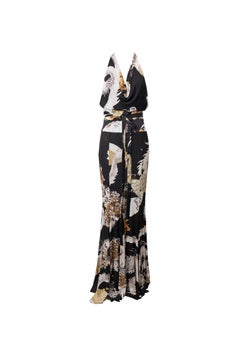 ROBERTO CAVALLI S/s 2006 black Chinoiserie Gragon And Fan Obi Halter Dress Gown