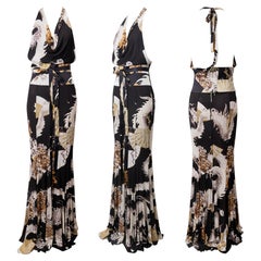 ROBERTO CAVALLI S/s 2006 black Chinoiserie Gragon And Fan Obi Halter Dress Gown