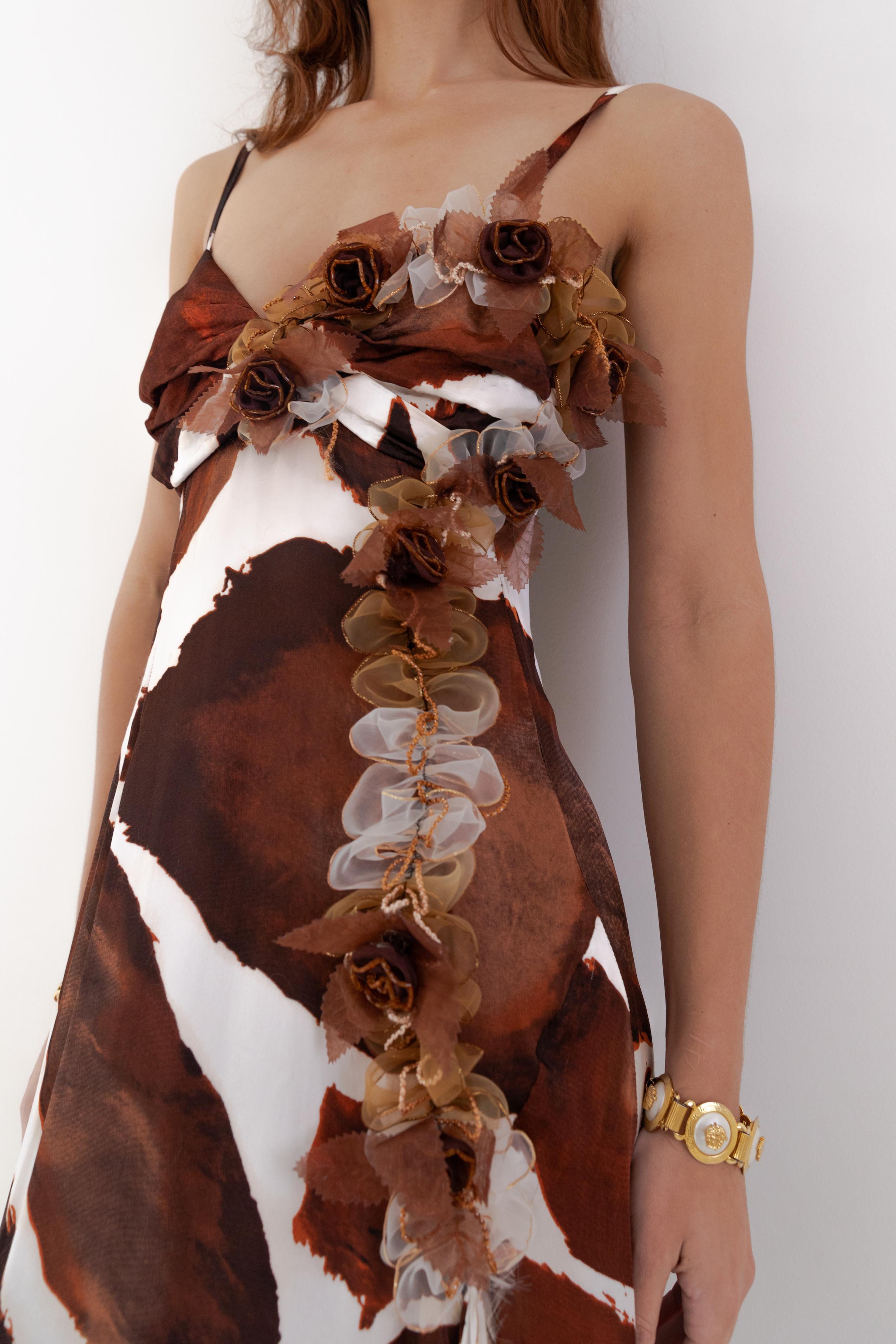 Roberto Cavalli S/S 2006 Giraffe Print Silk Gown with 3D Floral Appliqués For Sale 6