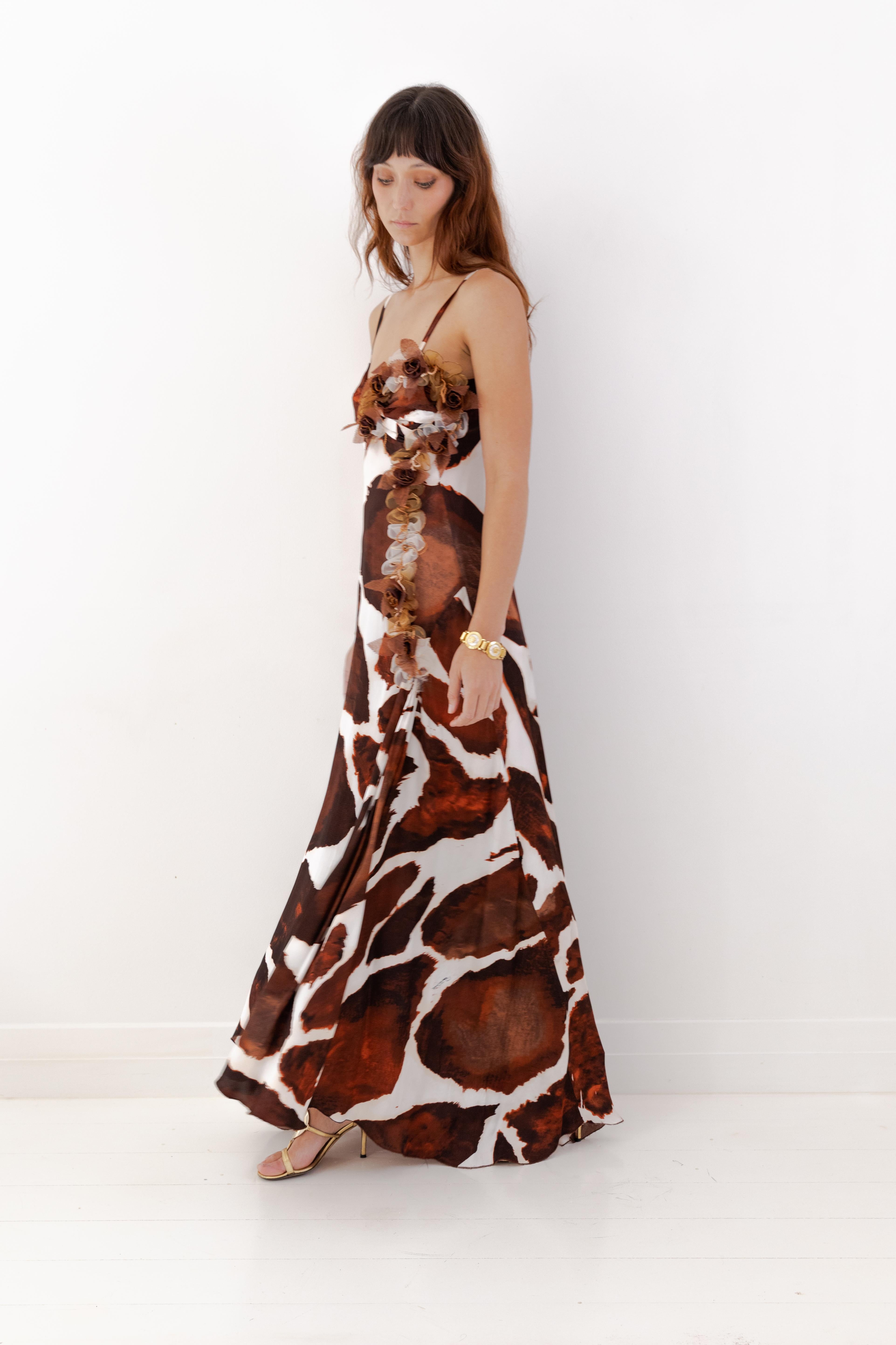 Roberto Cavalli S/S 2006 Giraffe Print Silk Gown with 3D Floral Appliqués For Sale 3