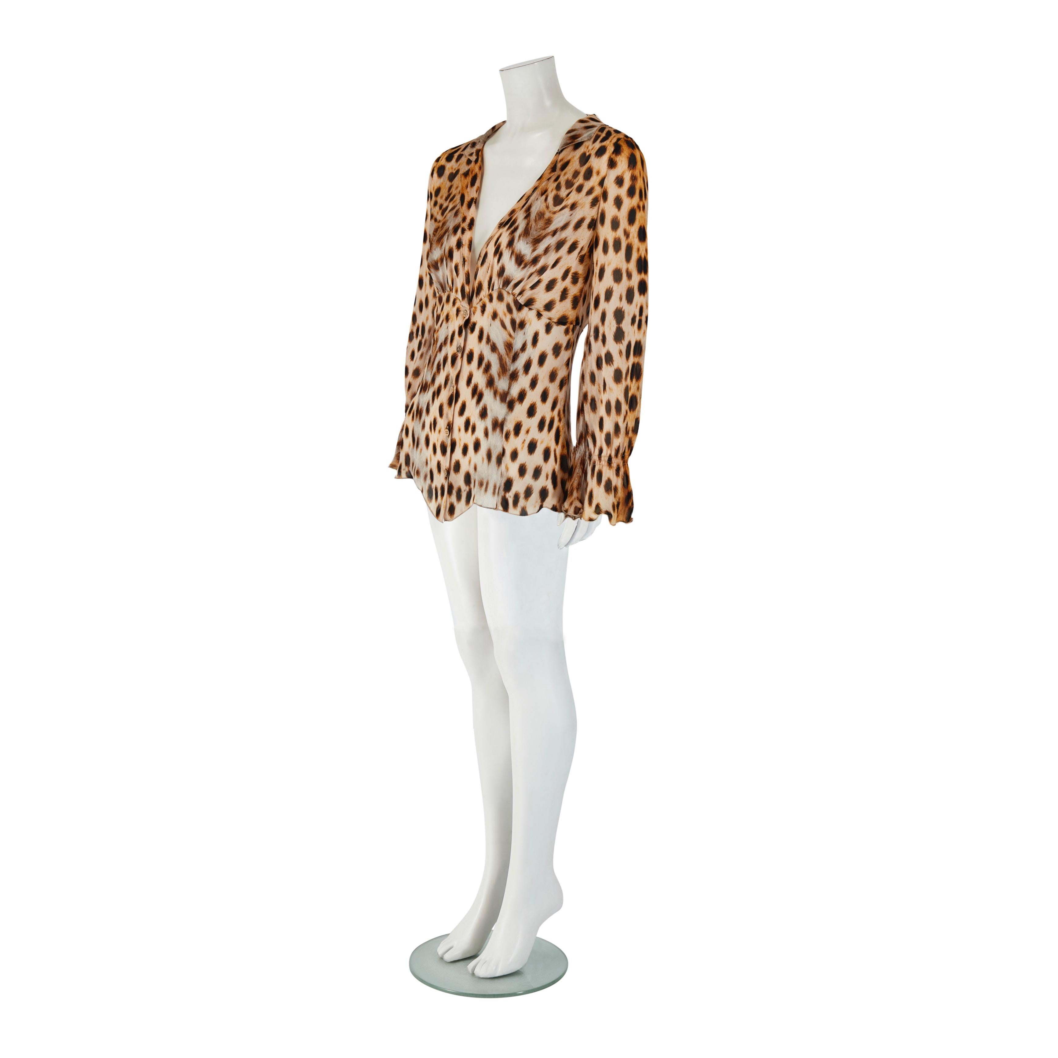 Marron Roberto Cavalli S/S 2007 Brown Cheetah Leopard Print Silk Blouse Top en vente
