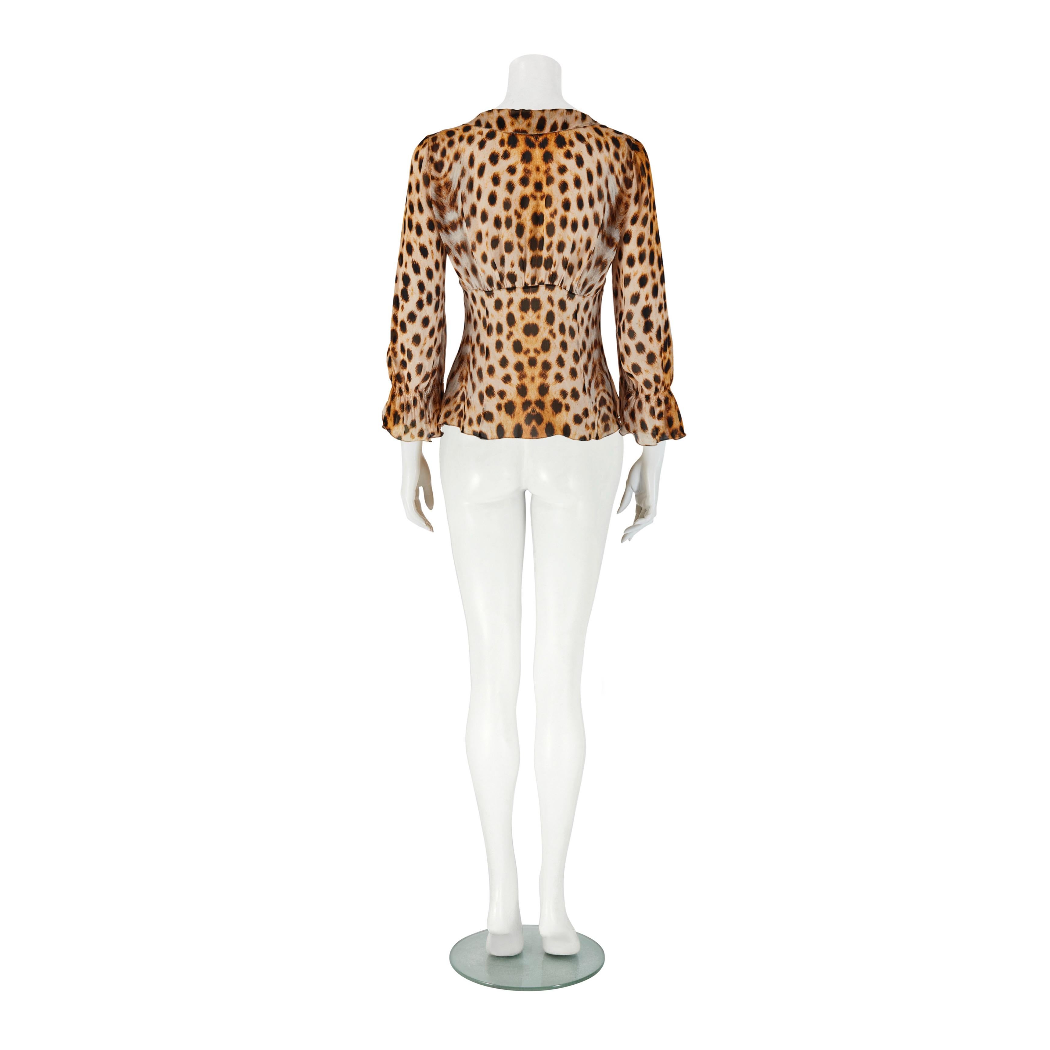 Roberto Cavalli S/S 2007 Brown Cheetah Leopard Print Silk Blouse Top Bon état - En vente à Wembley, GB