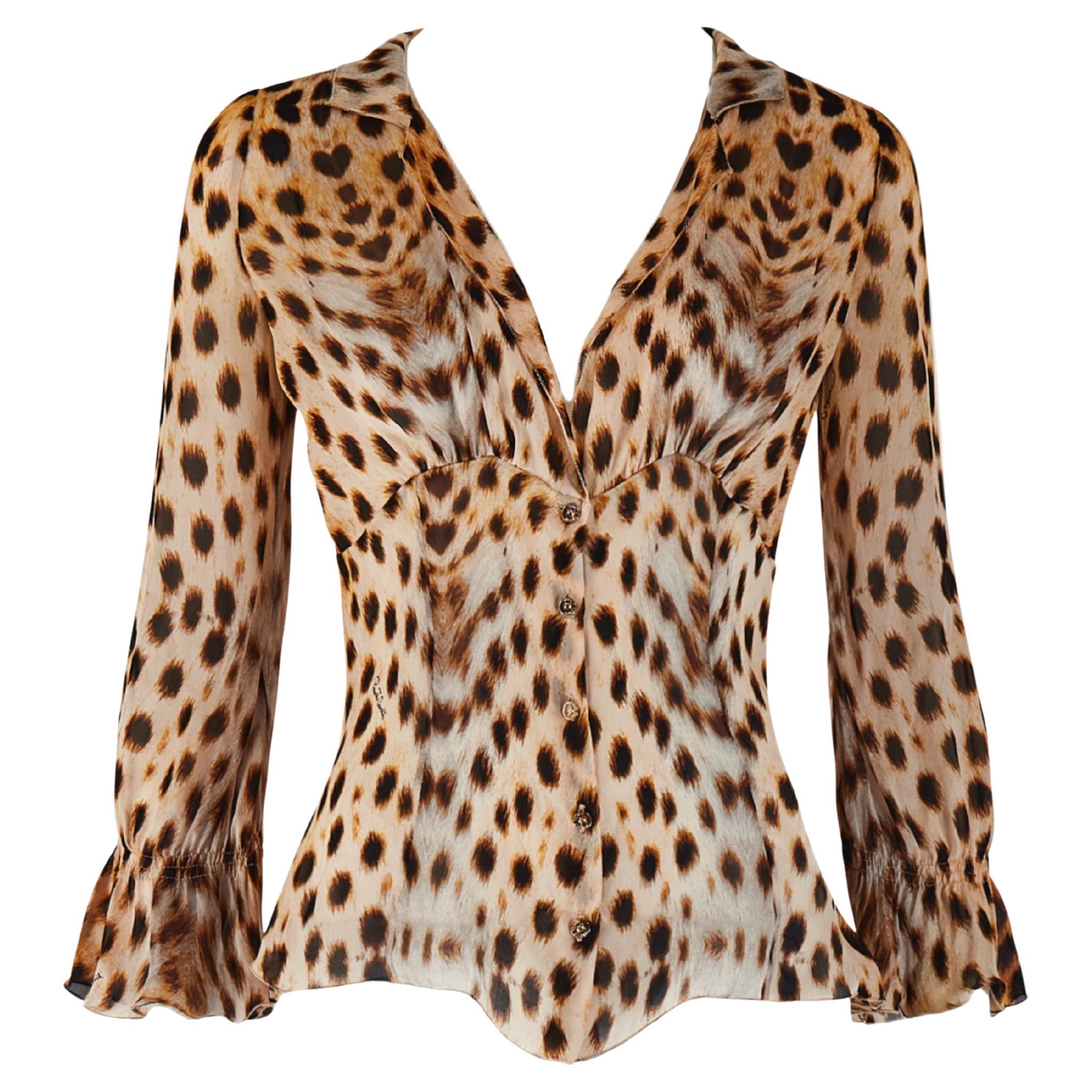 Roberto Cavalli S/S 2007 Brown Cheetah Leopard Print Silk Blouse Top en vente