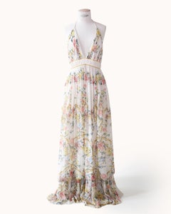 Roberto Cavalli S/S 2007 floral white silk halter backless dress gown XS - S