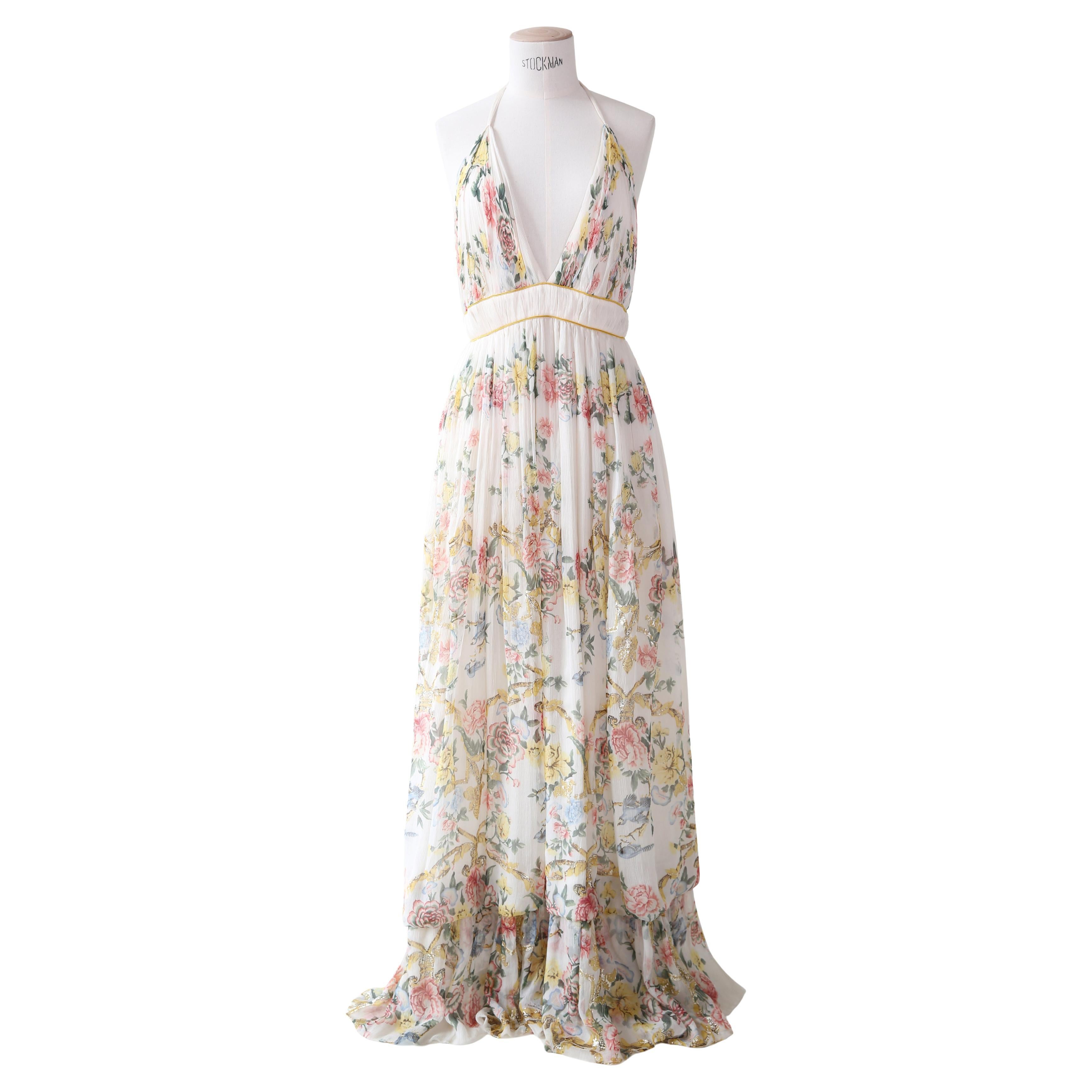 Roberto Cavalli S/S 2007 florales weißes Seidenhalfter rückenfreies Kleid Kleid XS - S