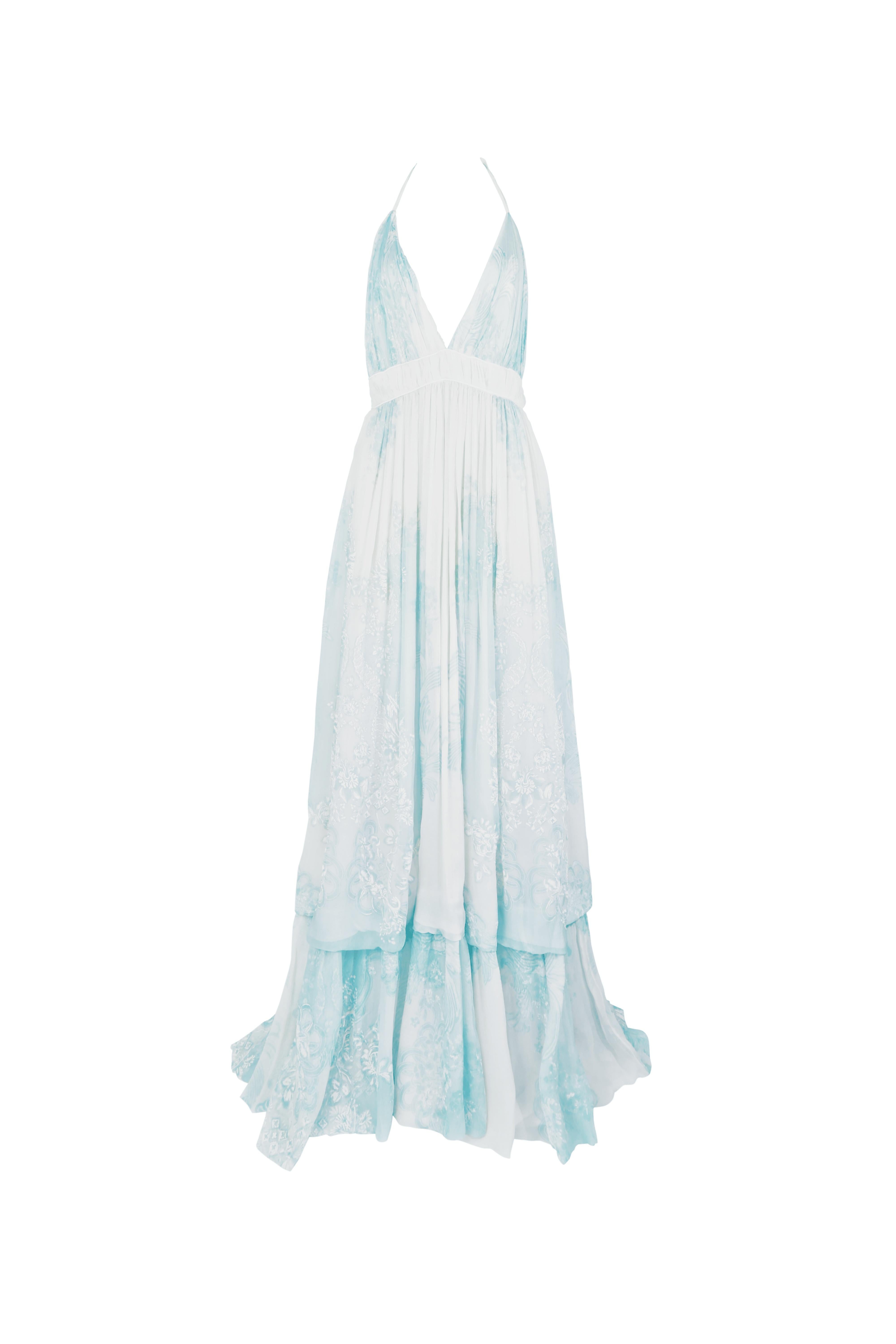 Grigio ROBERTO CAVALLI S/s 2007 Abito Flowy Baby Blue con Collo Halter Nuovo con Etichetta in vendita