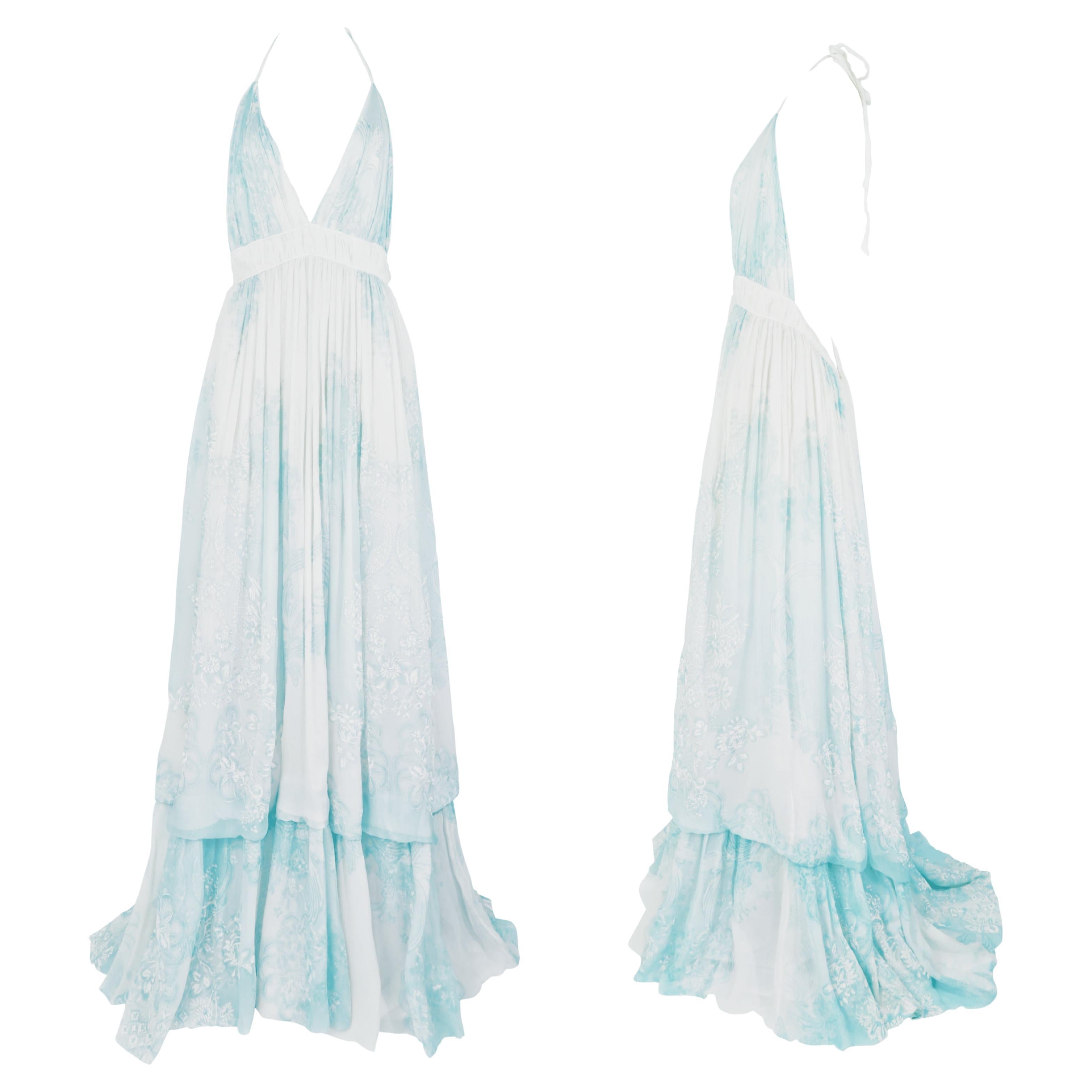 ROBERTO CAVALLI S/s 2007 Vestido fluido azul bebé con cuello halter Nuevo con etiquetas
