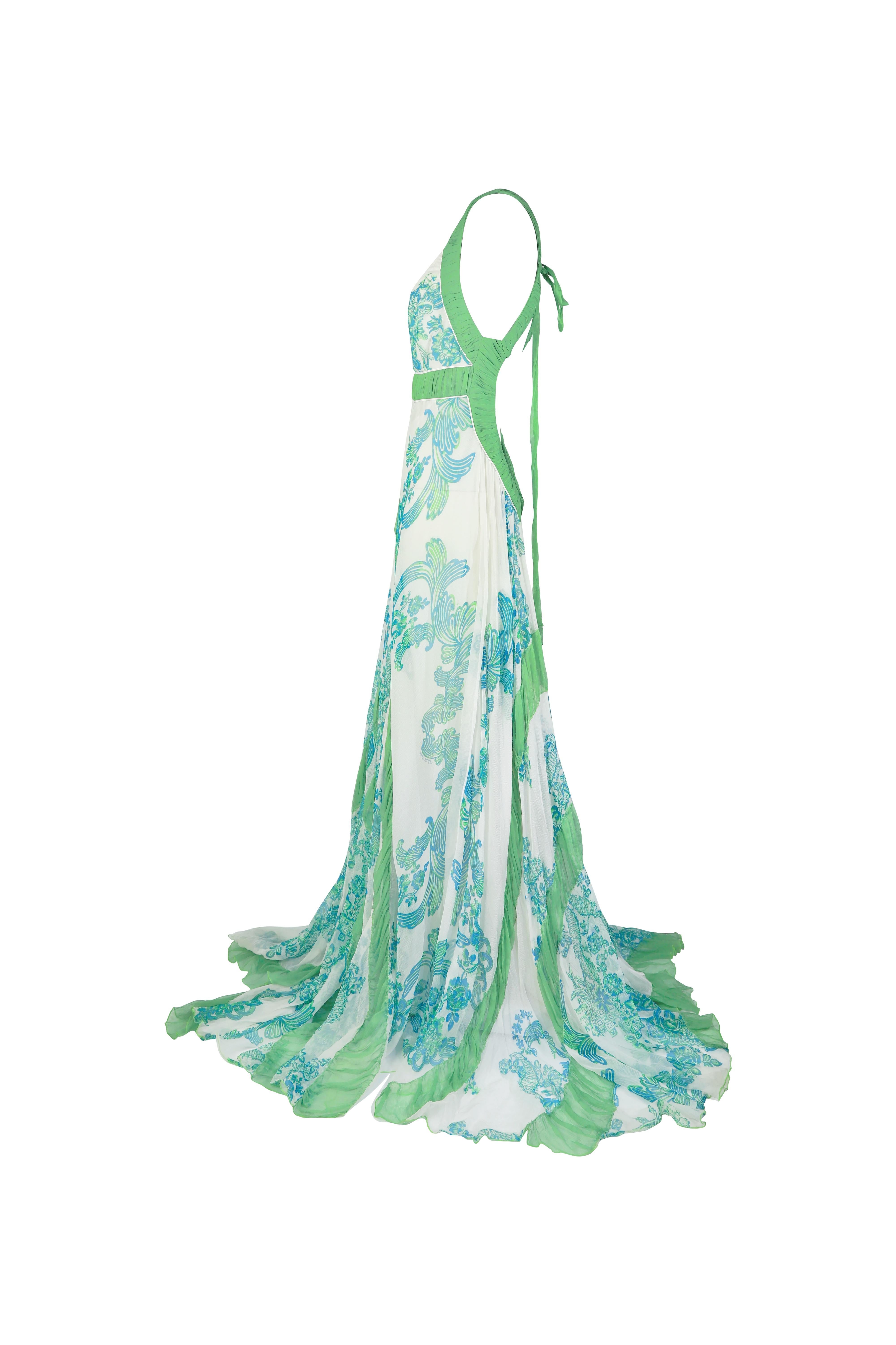 Femenino o masculino ROBERTO CAVALLI S/s 2007 Verde y blanco Floral Glitter Halter Maxi Gown NWT en venta