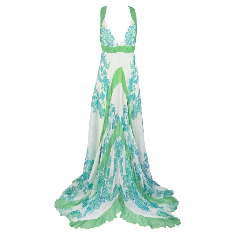 ROBERTO CAVALLI S/s 2007 Green & White Floral Glittering Halter Maxi Gown  NWT