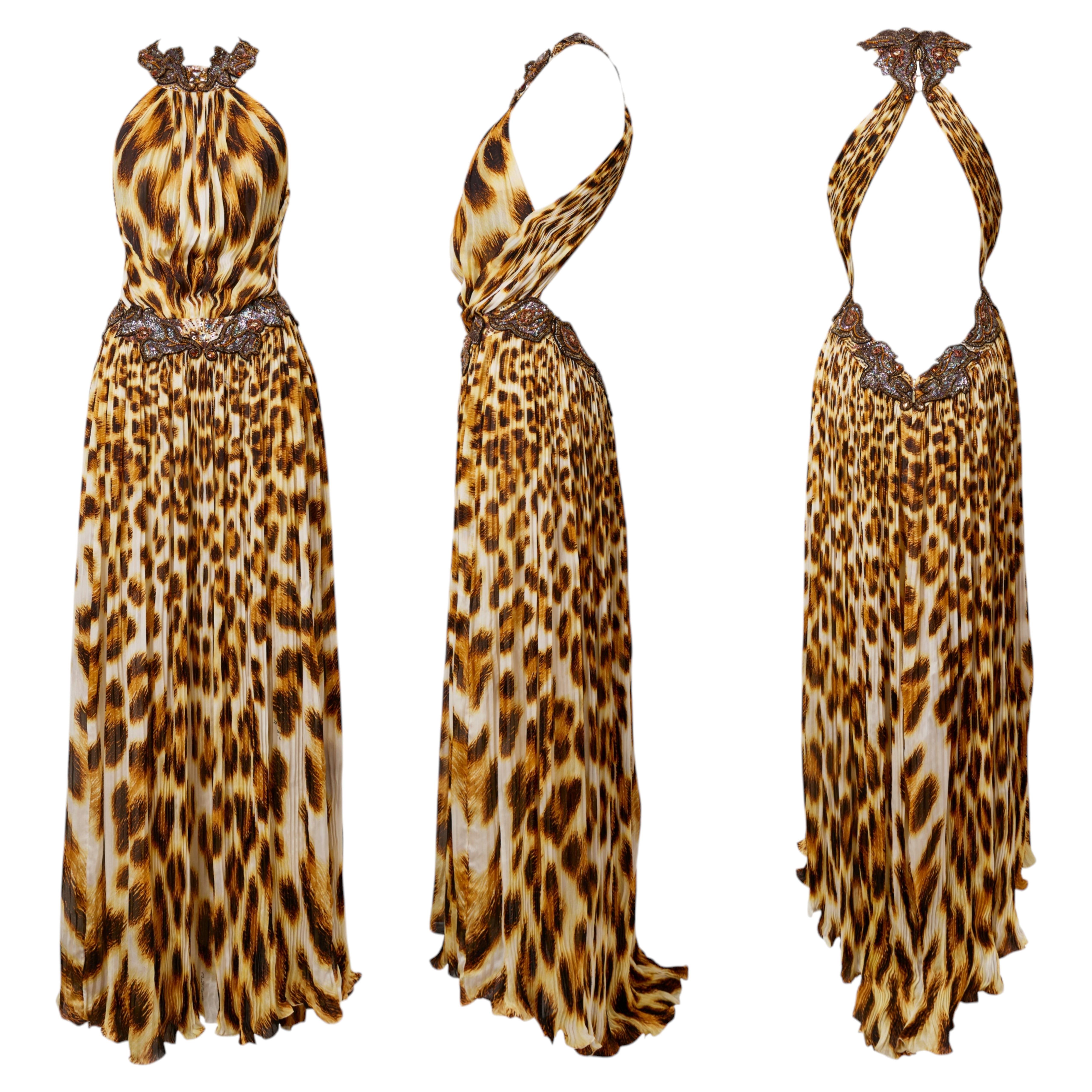 ROBERTO CAVALLI S/s 2007 Leopard Print Chiffon Embroidery Silk Maxi Dress Gown